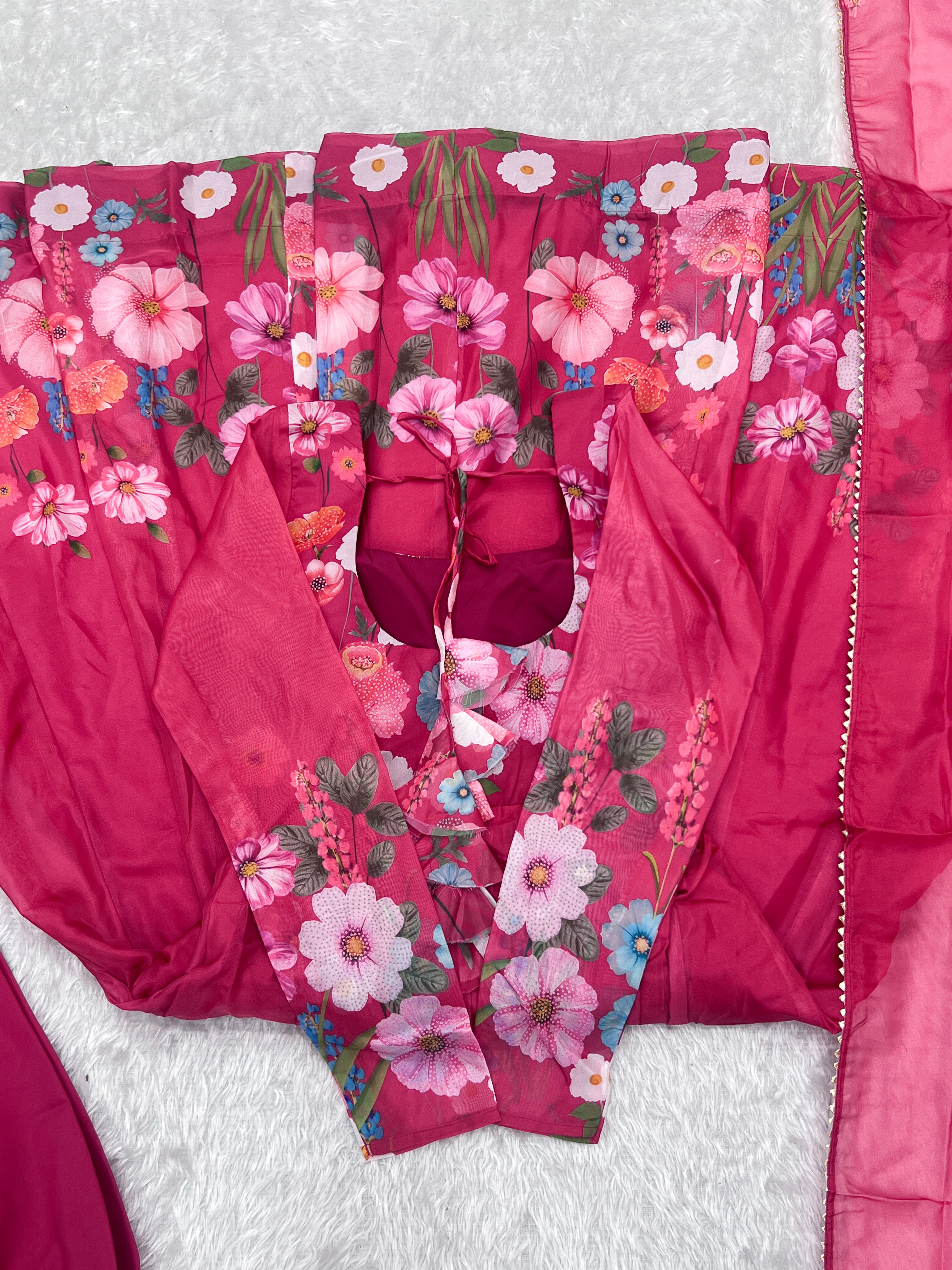 Floral SOFT ORGANJA SILK FABRIC FULLY FLAIR KALI PATTERN AND CANVAS PATTA
