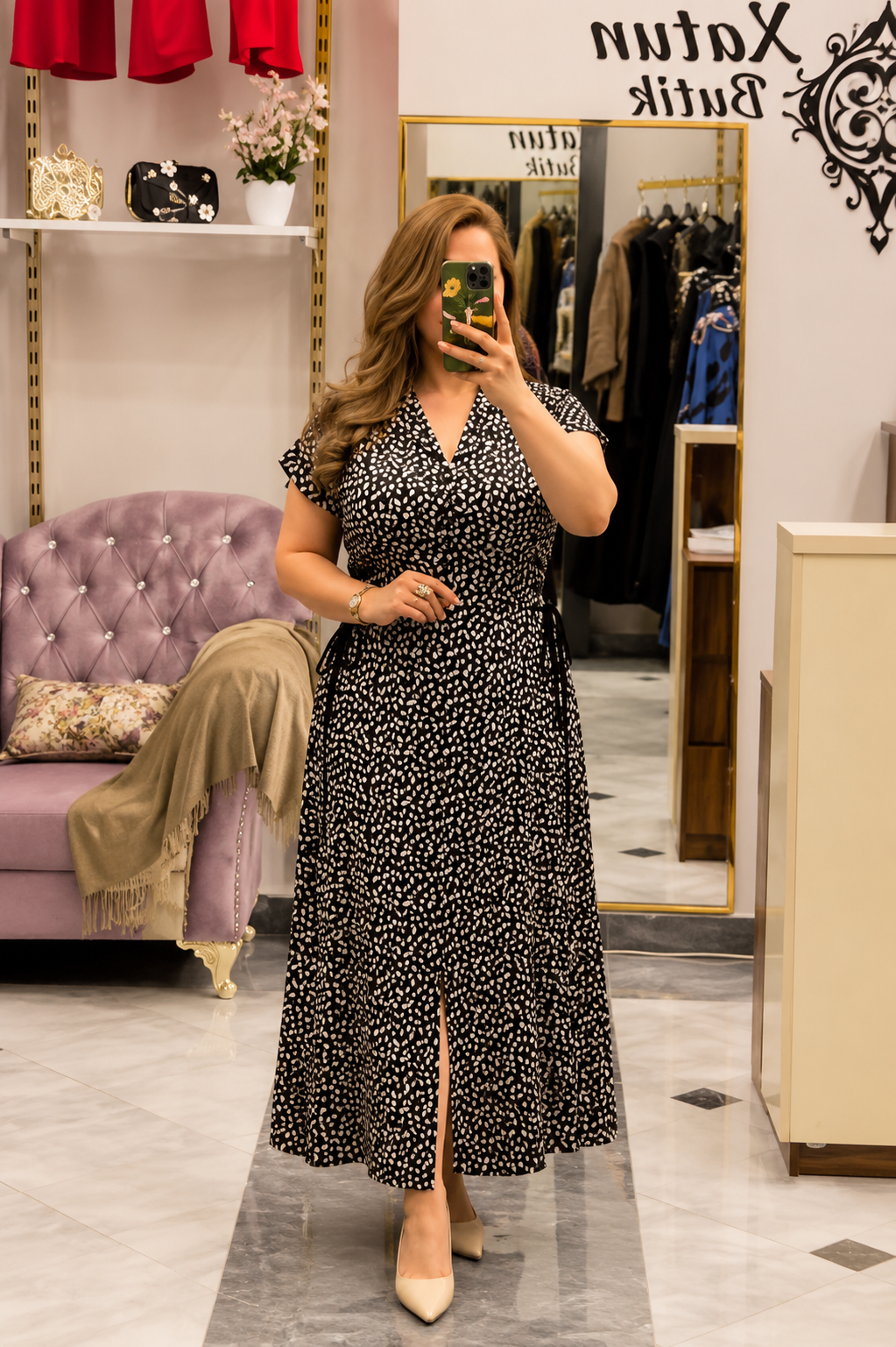 Monochrome Leaf Print Wrap Maxi Dress