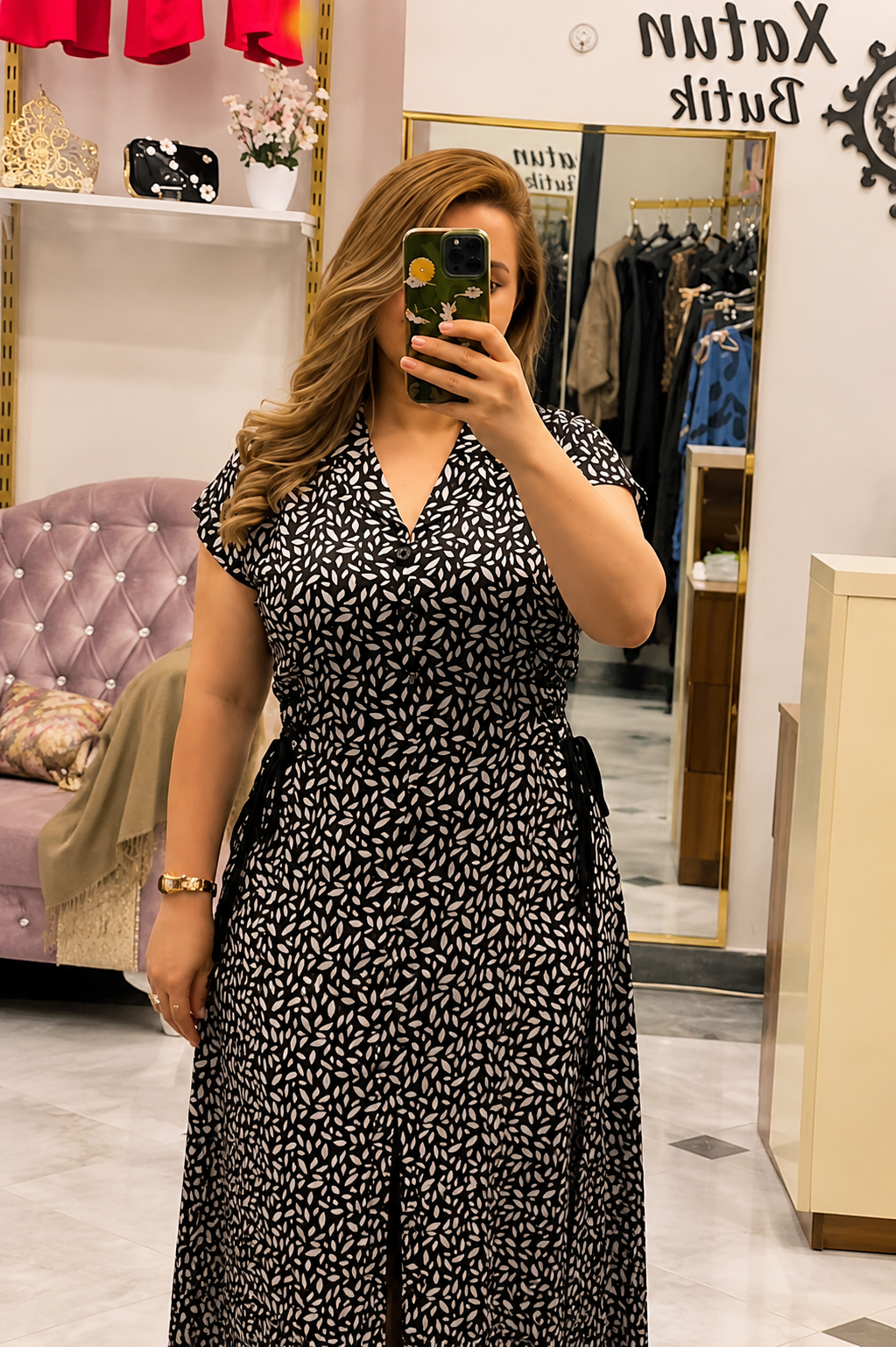 Monochrome Leaf Print Wrap Maxi Dress