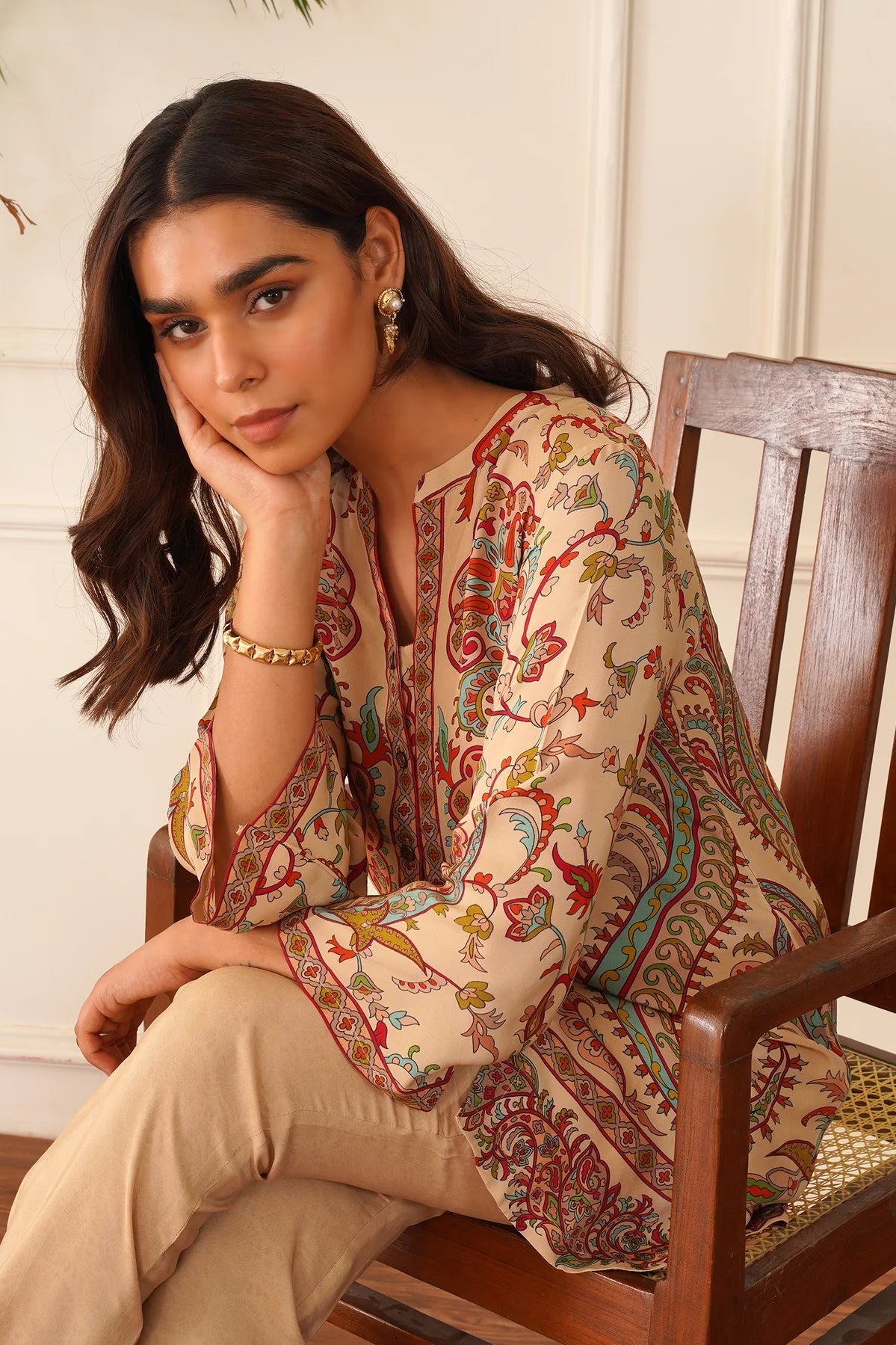 Beige Printed crepe neautiful co-ord set