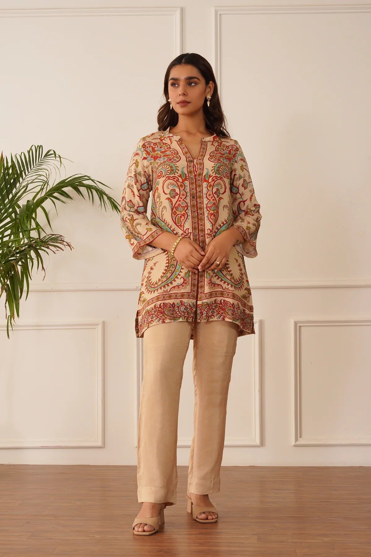Beige Printed crepe neautiful co-ord set