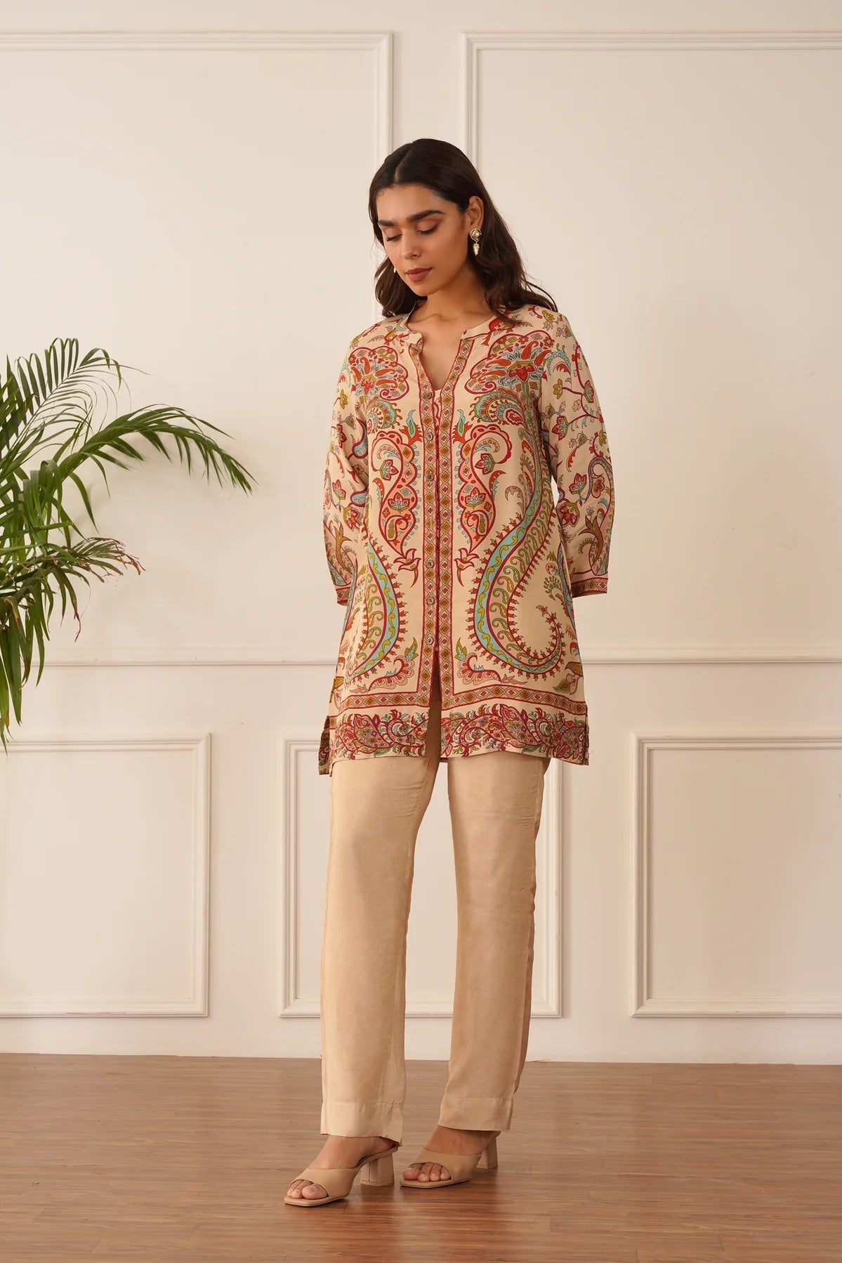 Beige Printed crepe neautiful co-ord set