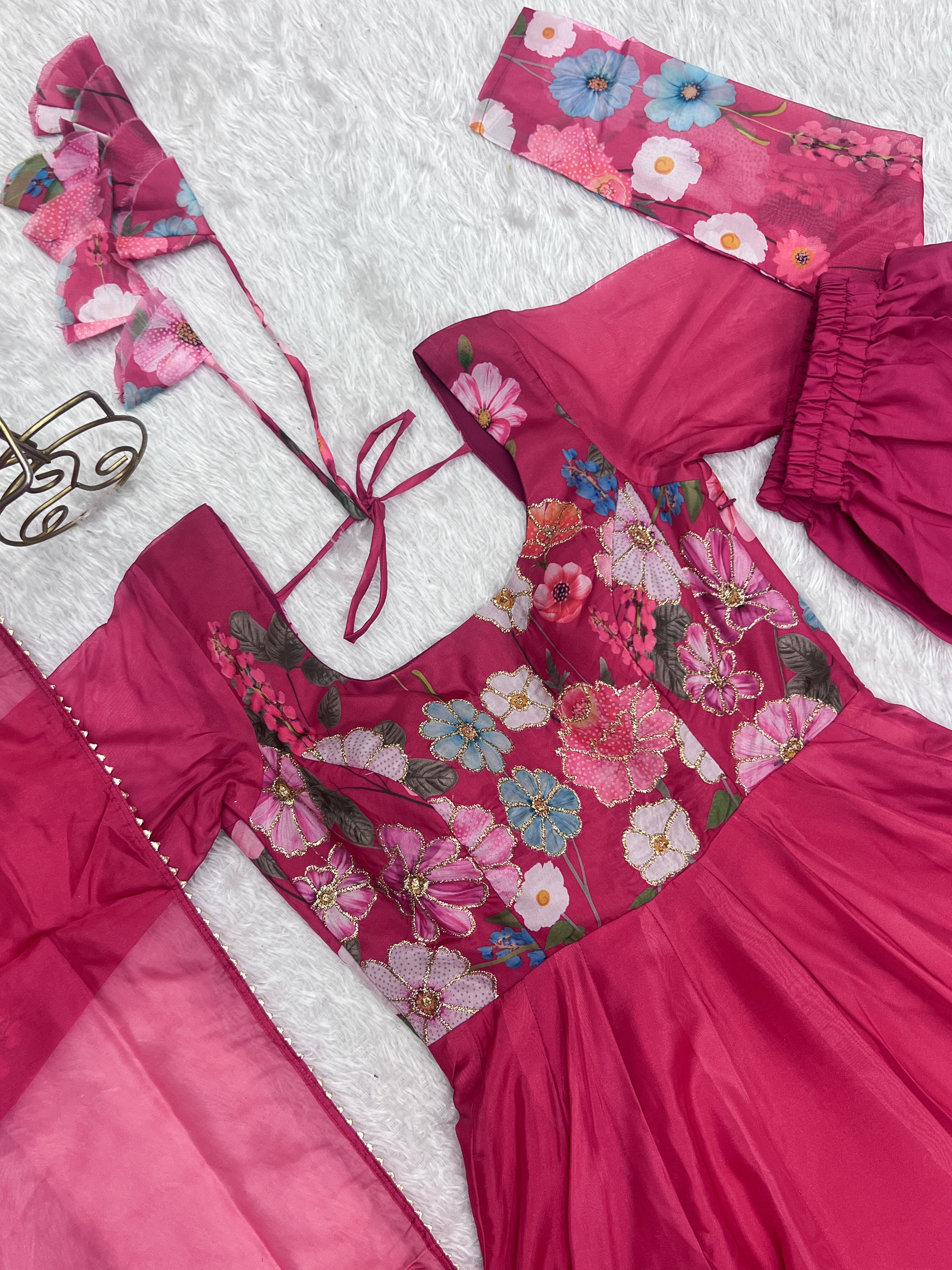 Floral SOFT ORGANJA SILK FABRIC FULLY FLAIR KALI PATTERN AND CANVAS PATTA