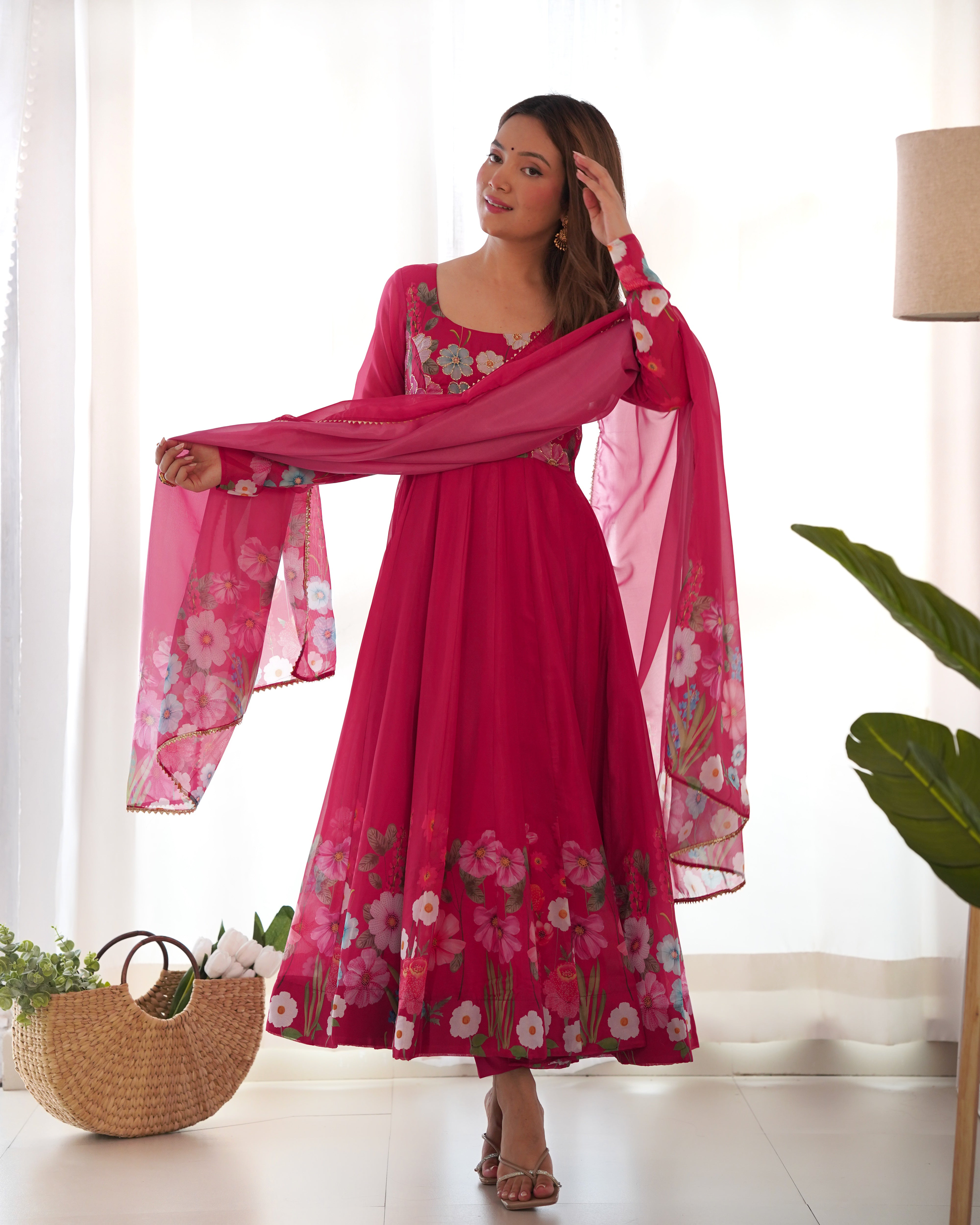 Floral SOFT ORGANJA SILK FABRIC FULLY FLAIR KALI PATTERN AND CANVAS PATTA