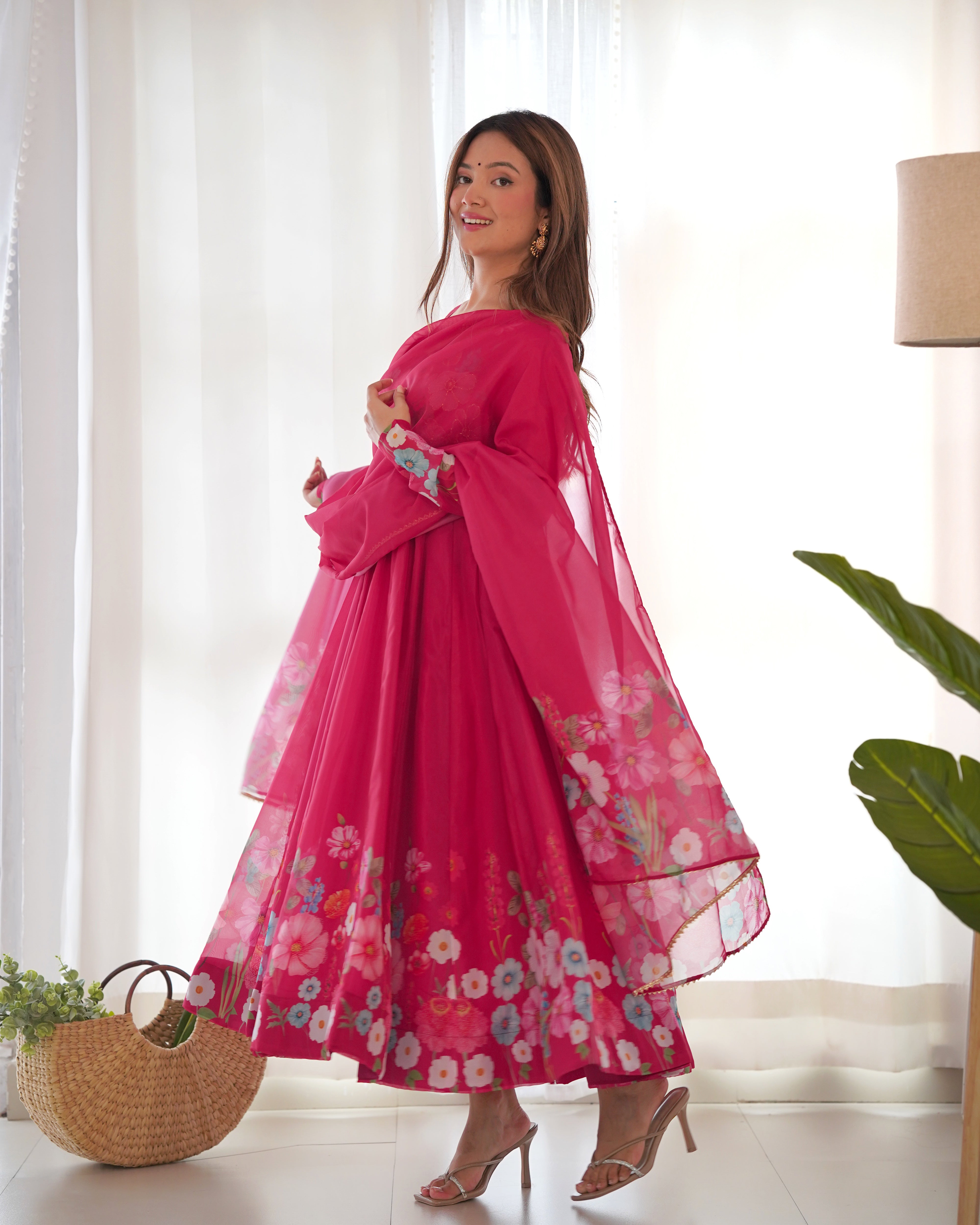 Floral SOFT ORGANJA SILK FABRIC FULLY FLAIR KALI PATTERN AND CANVAS PATTA