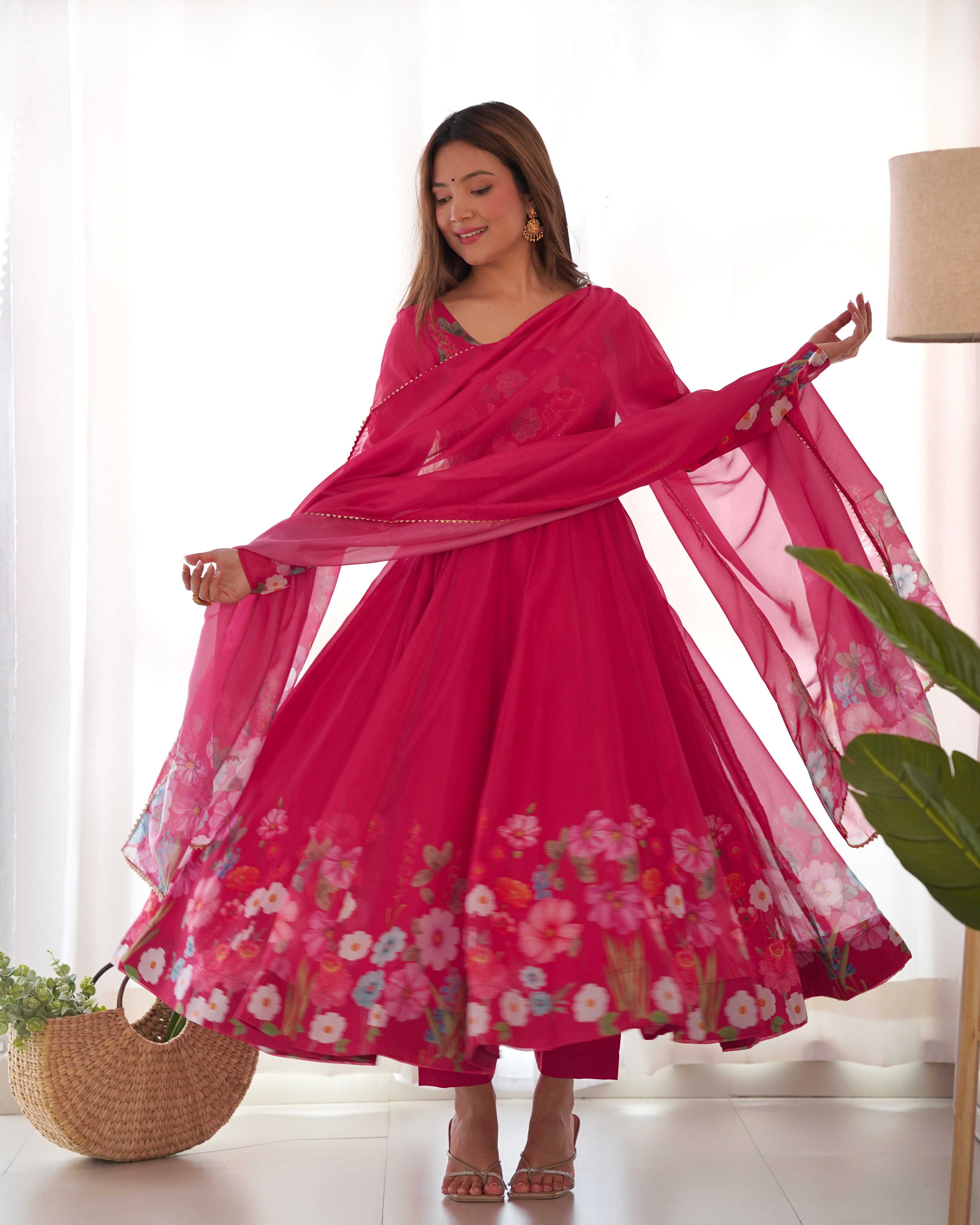 Floral SOFT ORGANJA SILK FABRIC FULLY FLAIR KALI PATTERN AND CANVAS PATTA