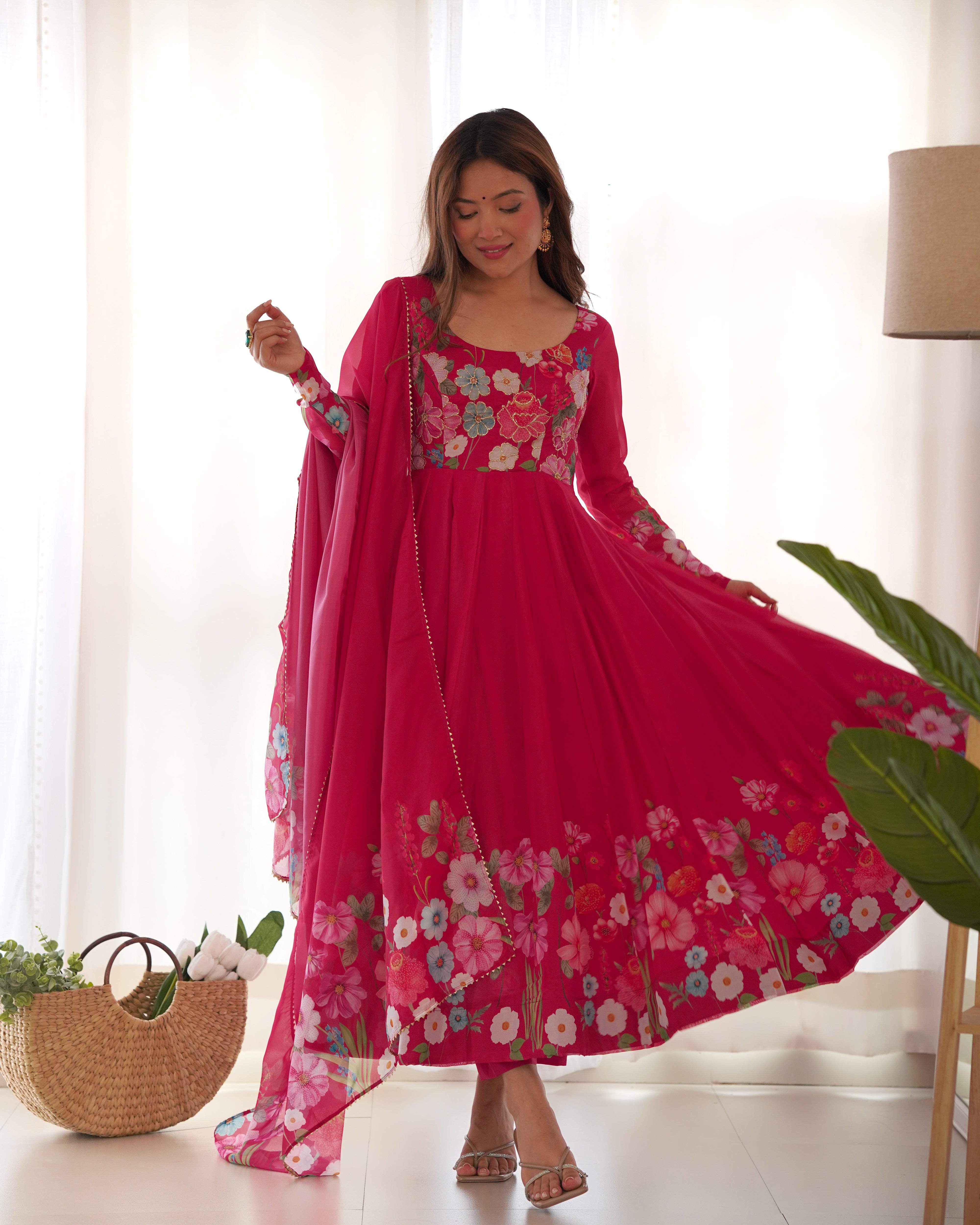Floral SOFT ORGANJA SILK FABRIC FULLY FLAIR KALI PATTERN AND CANVAS PATTA