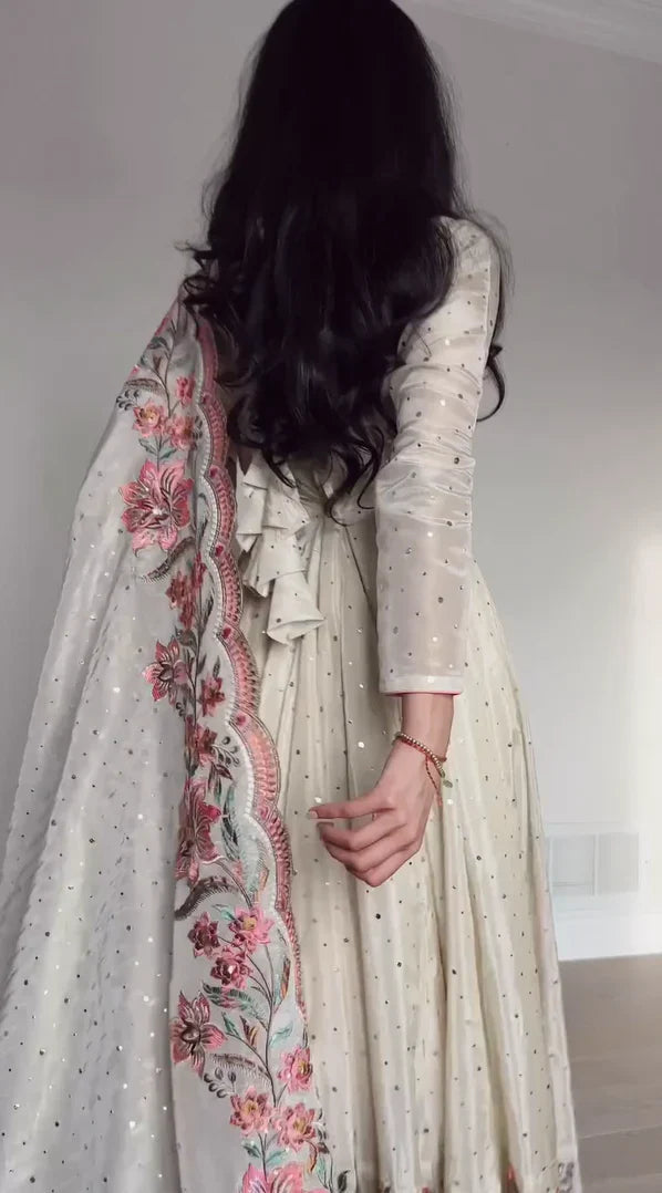 Heavy Pure Cinon Silk Gown -Pent Dupatta Set Fully Stitched Ready To Wear