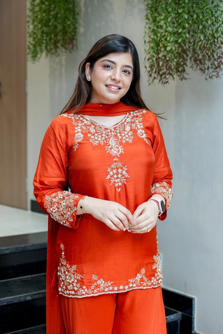 Đěsigner Party Wear Look Pure Mul Chanderi Top Plazzo & Dupatta Set