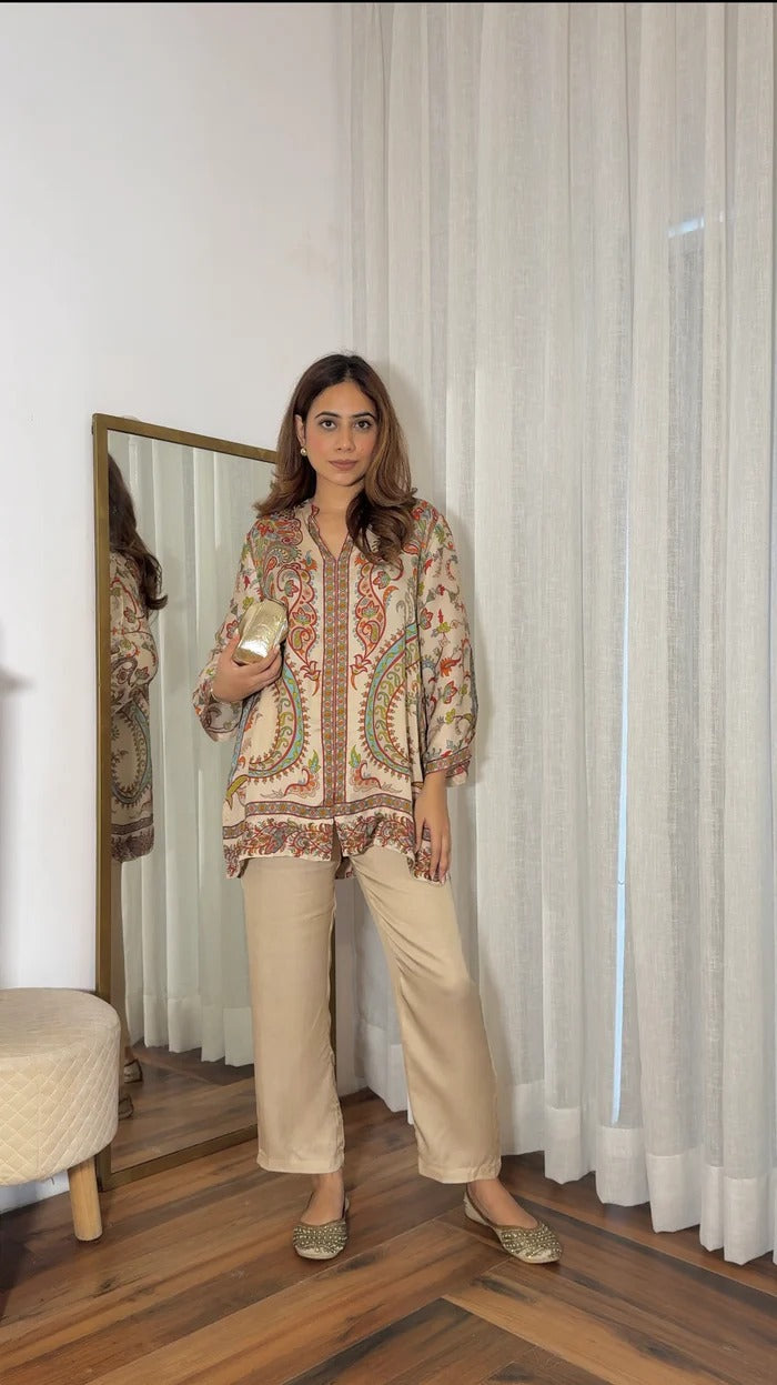 Beige Printed crepe neautiful co-ord set