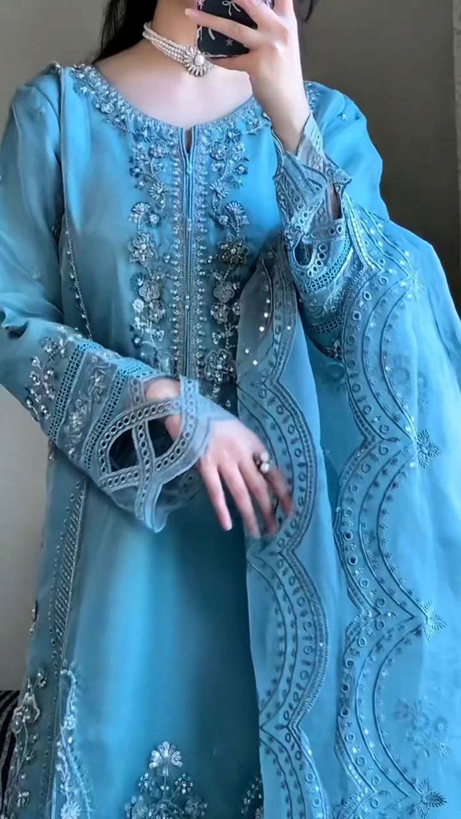 GEORGETTE FABRIC TOP AND PANT WITH DUPATTA IN SEQUENCE EMBROIDERY AND CUT WORK