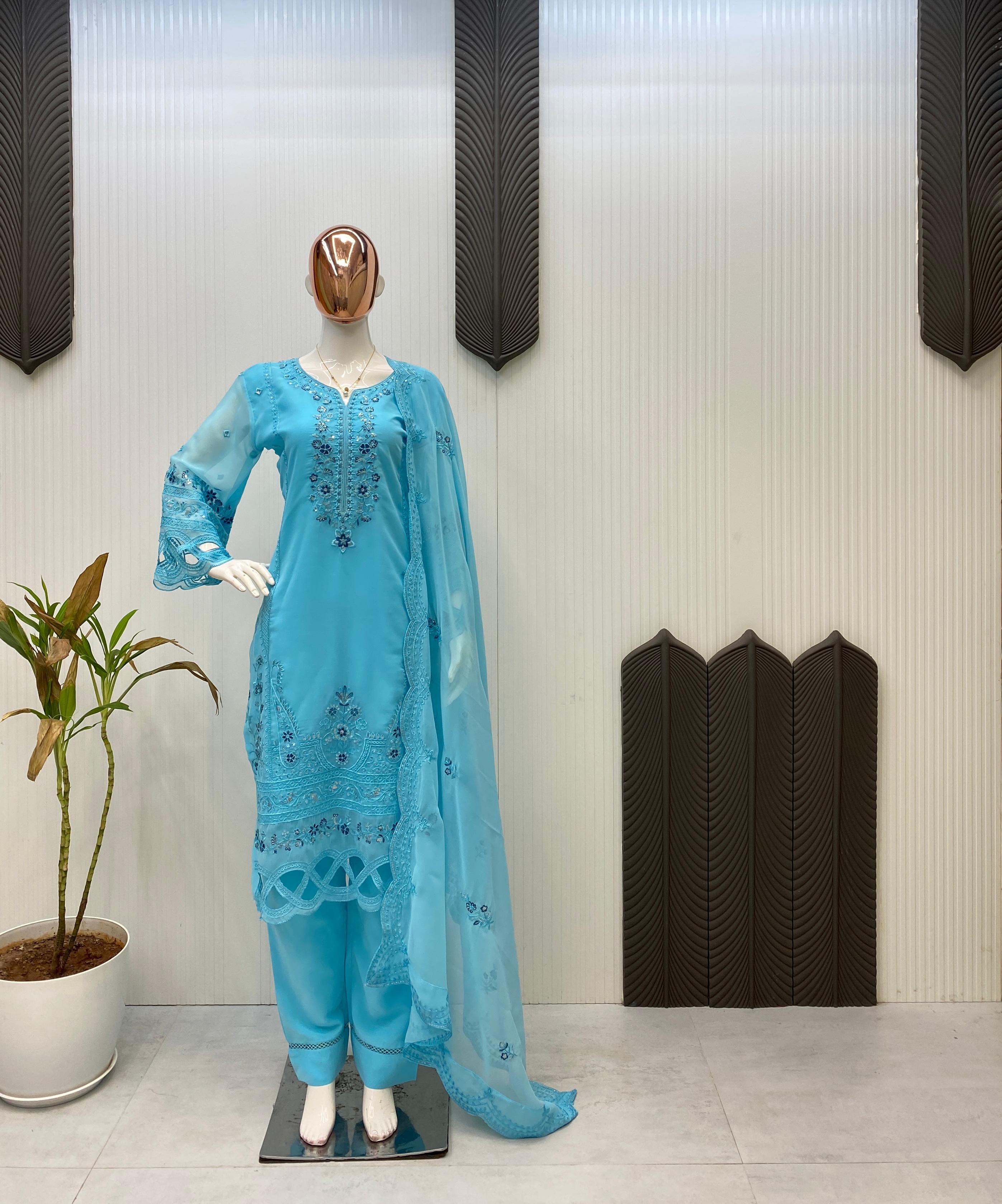 GEORGETTE FABRIC TOP AND PANT WITH DUPATTA IN SEQUENCE EMBROIDERY AND CUT WORK