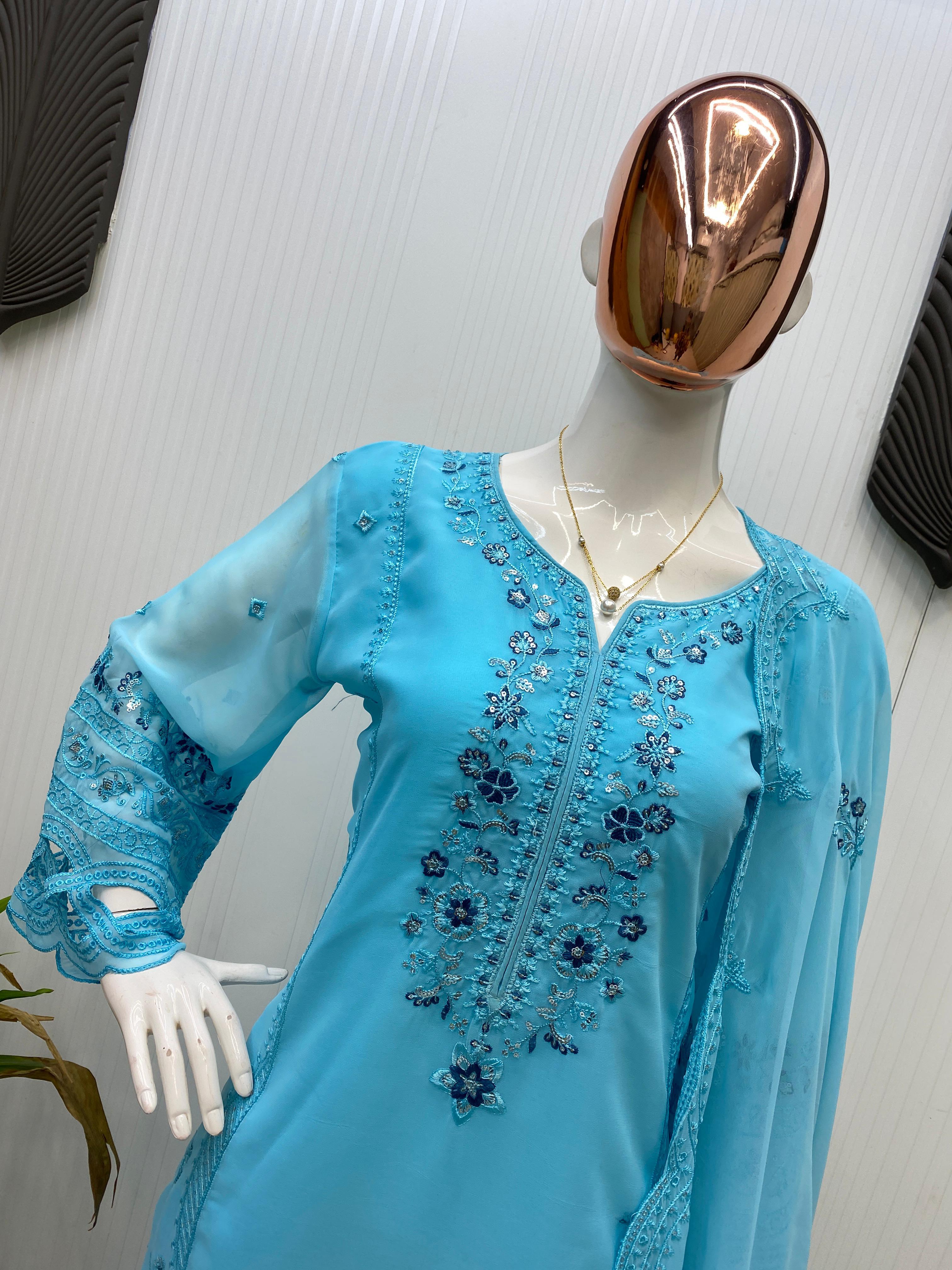 GEORGETTE FABRIC TOP AND PANT WITH DUPATTA IN SEQUENCE EMBROIDERY AND CUT WORK