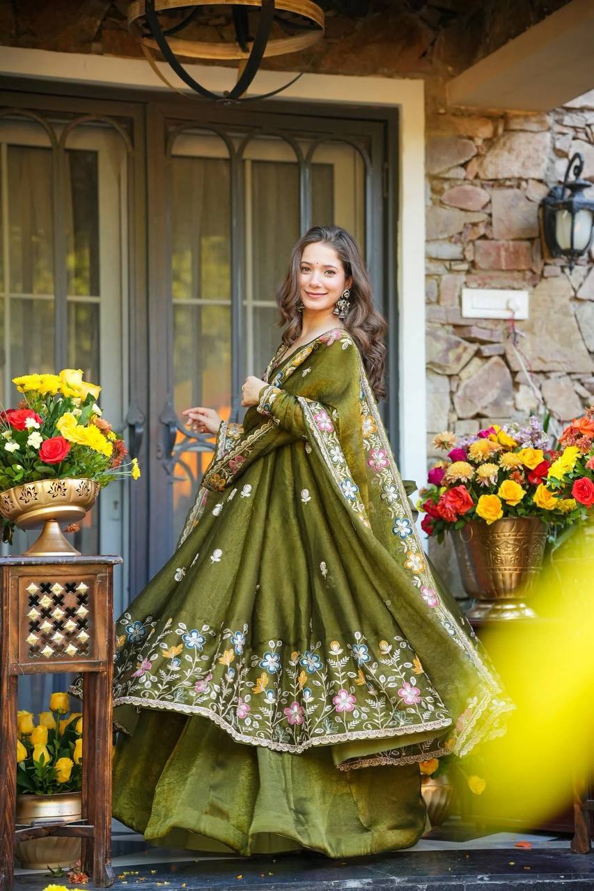 Mehendi Green Floral Embroidered Anarkali Suit