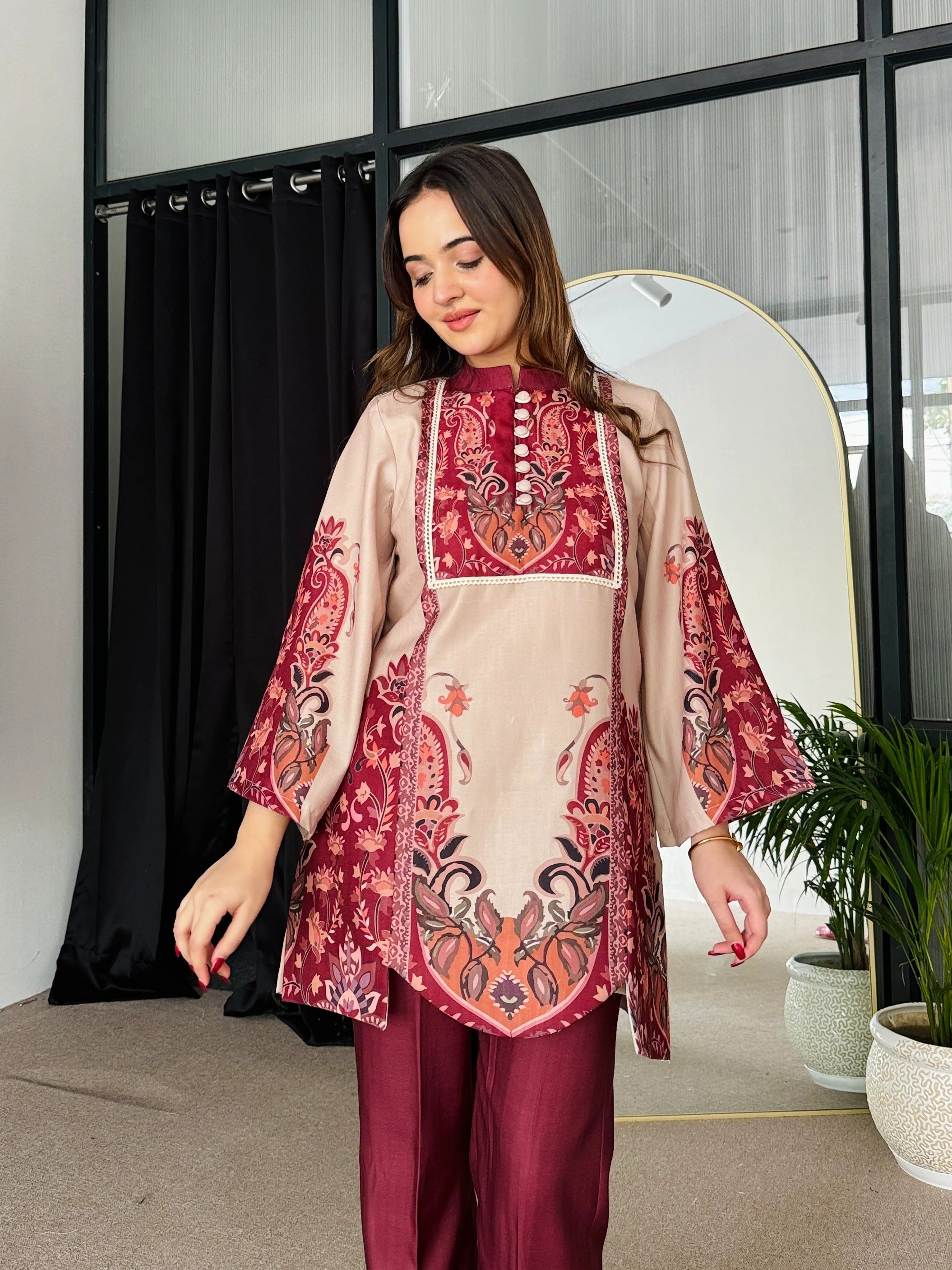 Feriha Beige Bold Winter Pashmina Kurta Set
