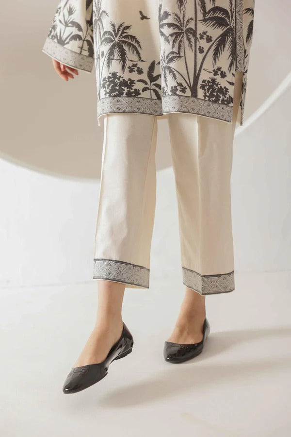 BEIGE AND BLACK PALM TREE PRINTED TWO-PIECE CASUAL SUIT FOR WOMEN