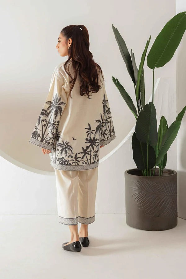 BEIGE AND BLACK PALM TREE PRINTED TWO-PIECE CASUAL SUIT FOR WOMEN