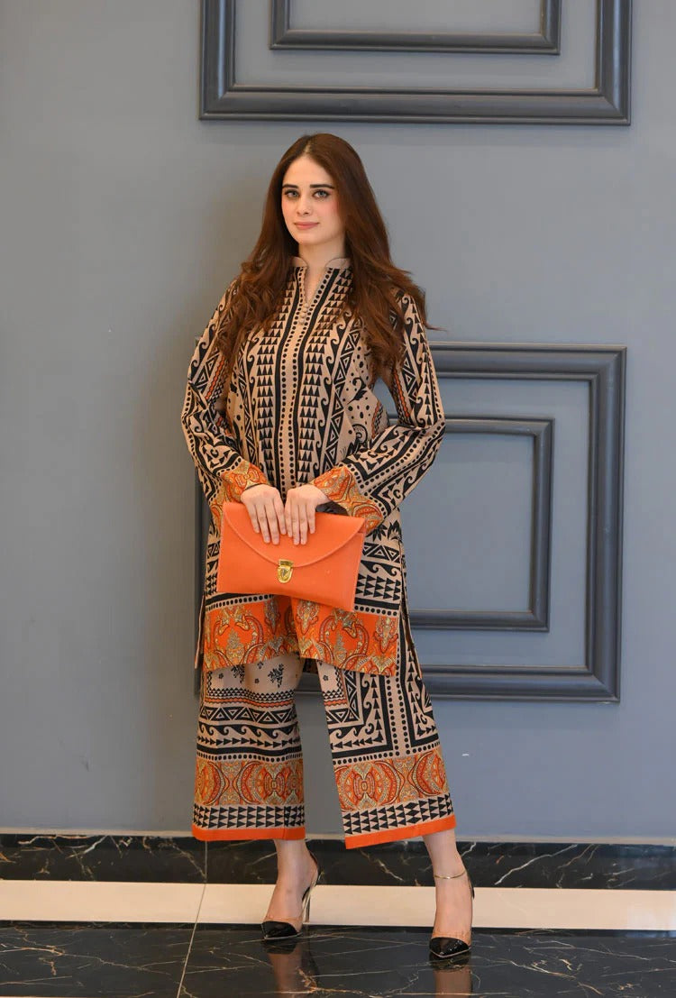Elegant Beige & Black Printed 2-Piece DESIGN PRINTED CO-ORD SET