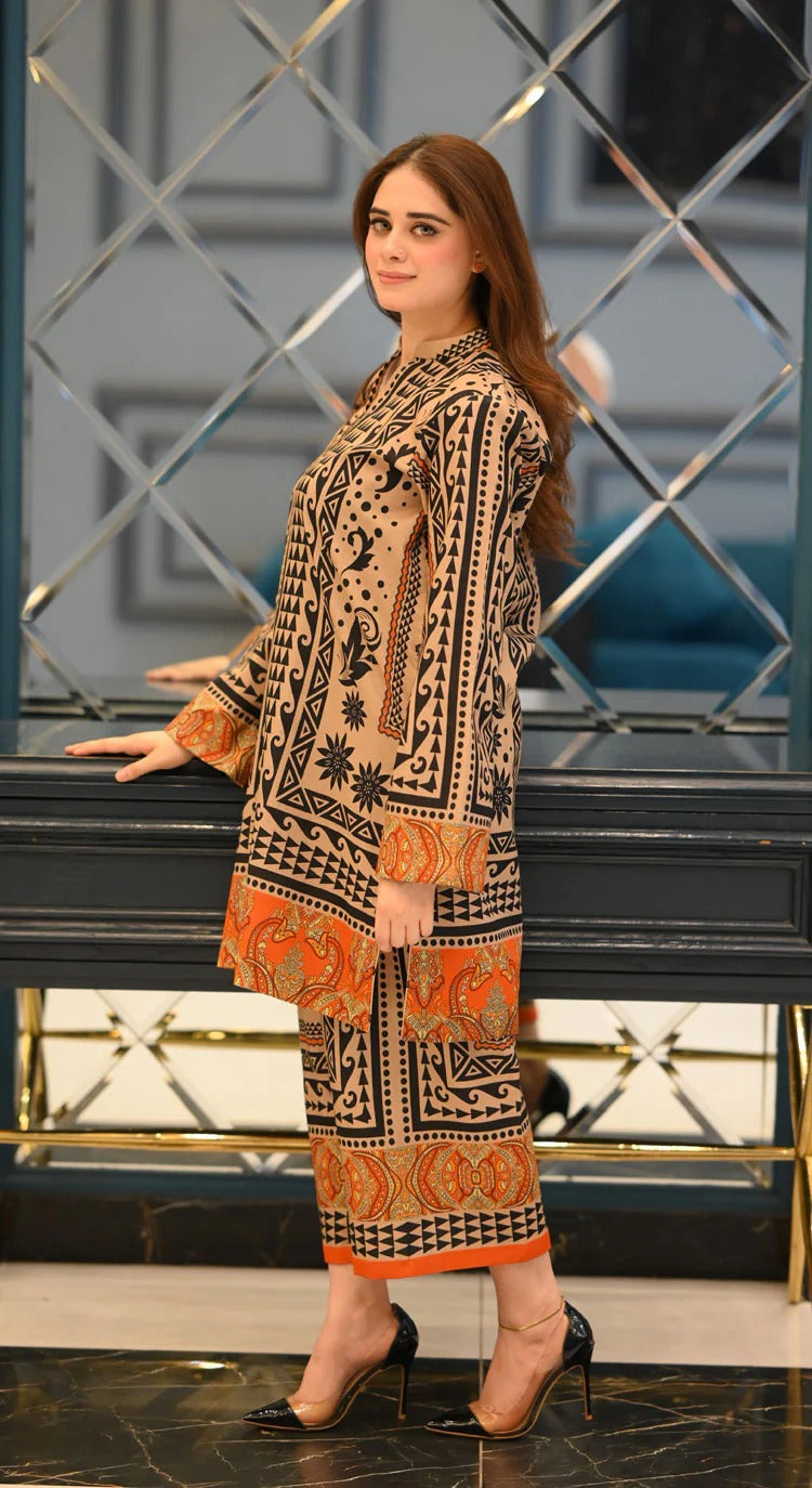 Elegant Beige & Black Printed 2-Piece DESIGN PRINTED CO-ORD SET