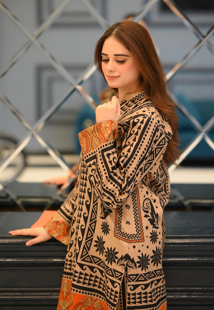 Elegant Beige & Black Printed 2-Piece DESIGN PRINTED CO-ORD SET