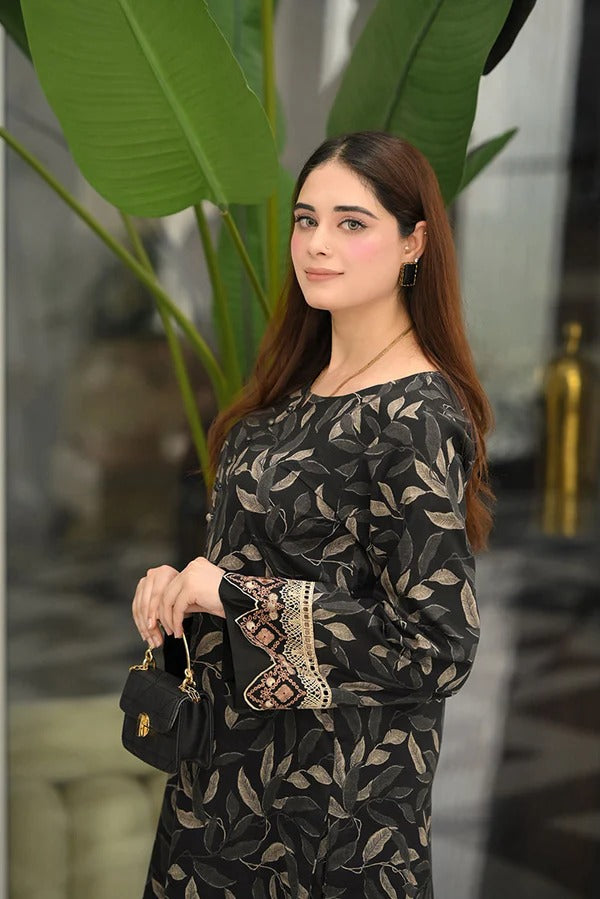 Chic Black & Beige Leaf Print 2-Piece DESIGN PRINTED CO-ORD SET
