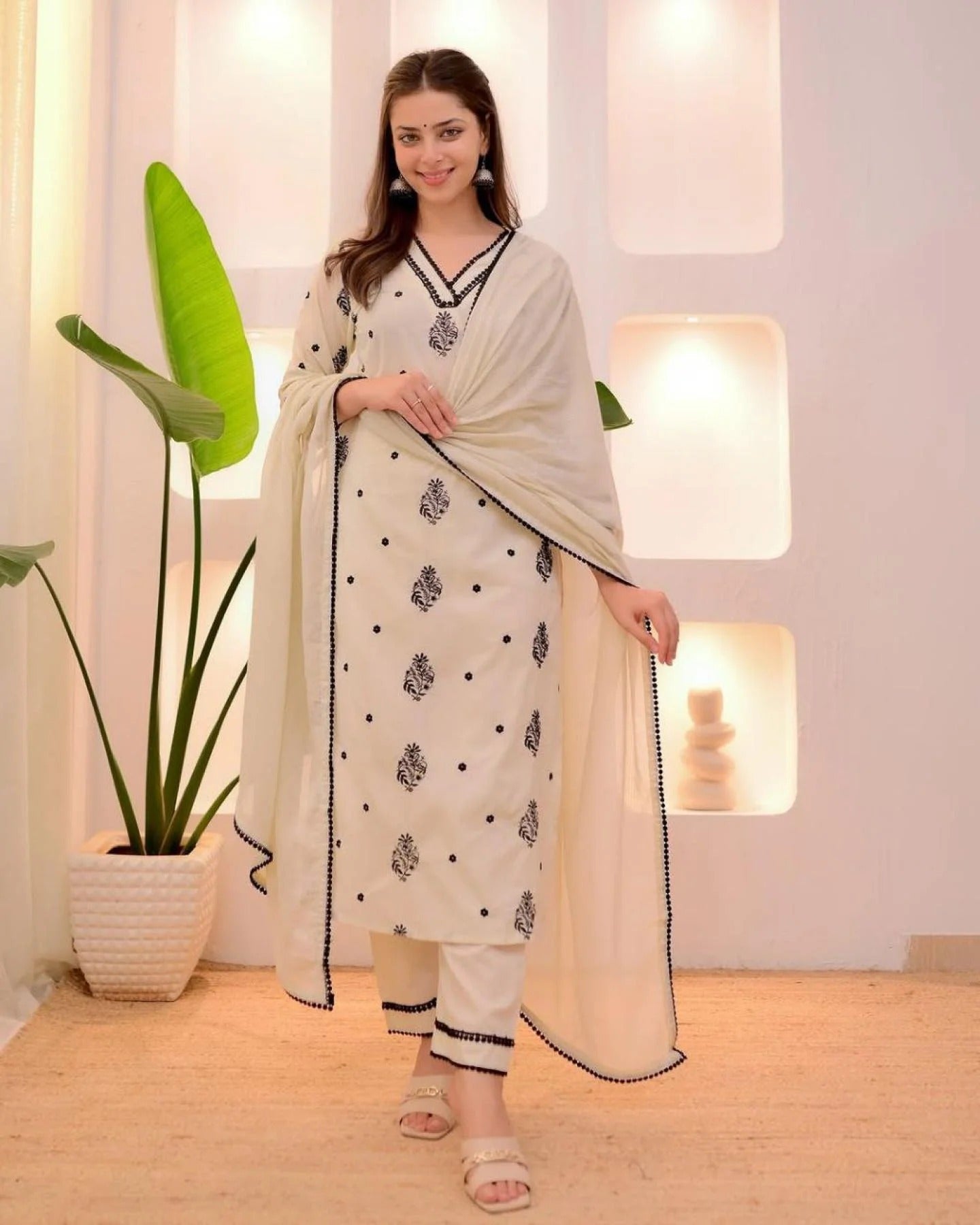 Grace in Simplicity – Classic Cream & Black Embroidered Kurta Ensemble
