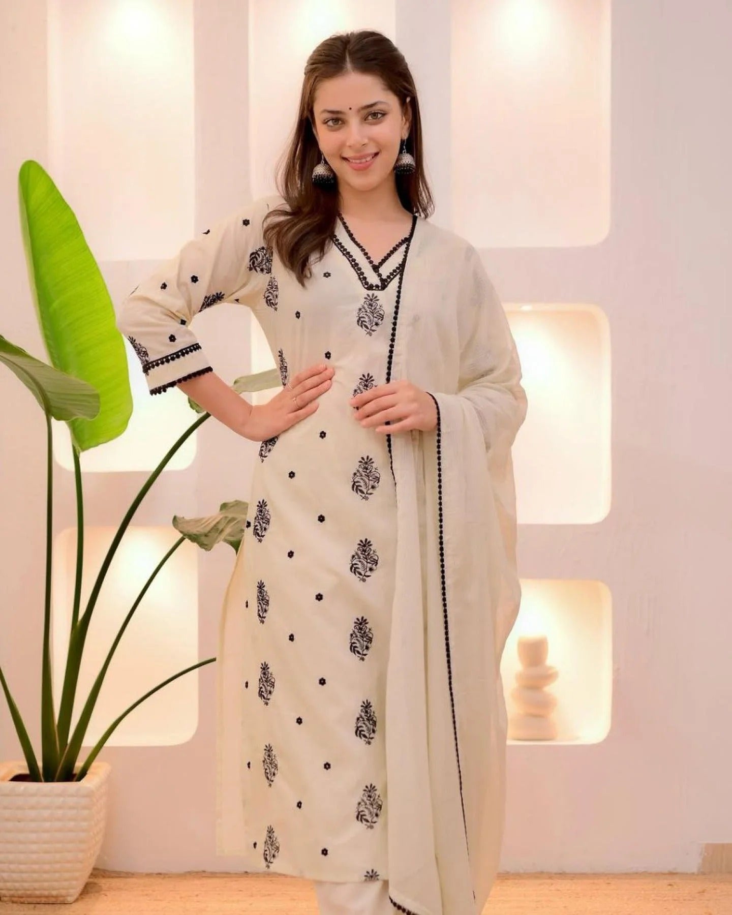 Grace in Simplicity – Classic Cream & Black Embroidered Kurta Ensemble