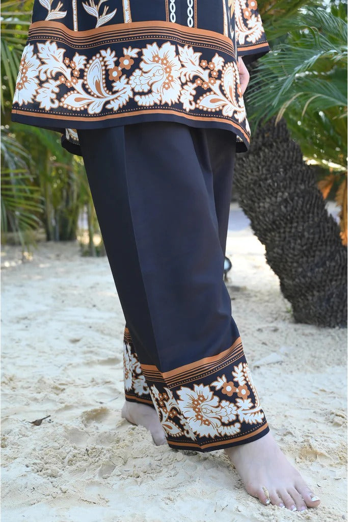 BLACK TROPICAL PRINTED TWO-PIECE COTTON SUIT FOR WOMEN