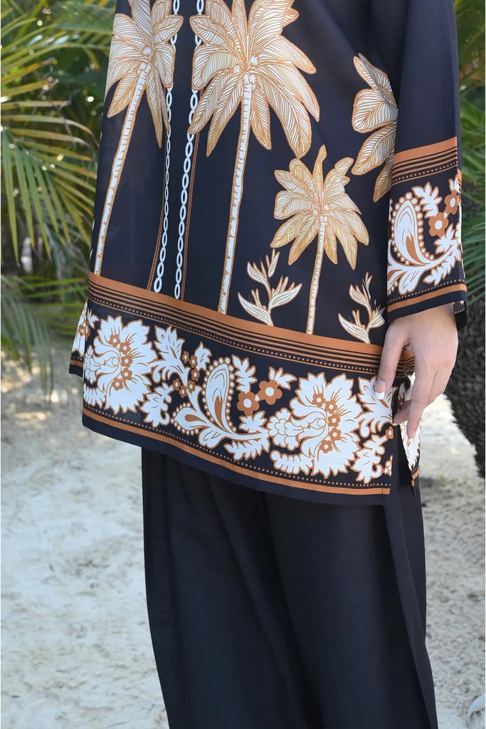 BLACK TROPICAL PRINTED TWO-PIECE COTTON SUIT FOR WOMEN