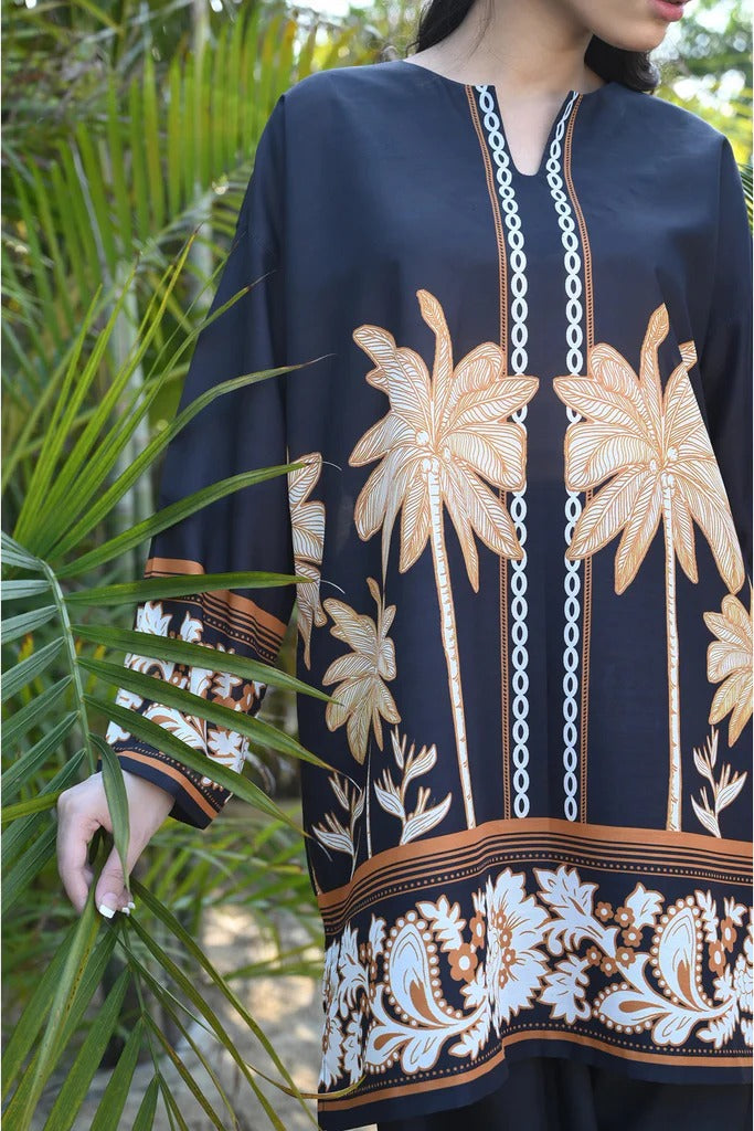 BLACK TROPICAL PRINTED TWO-PIECE COTTON SUIT FOR WOMEN