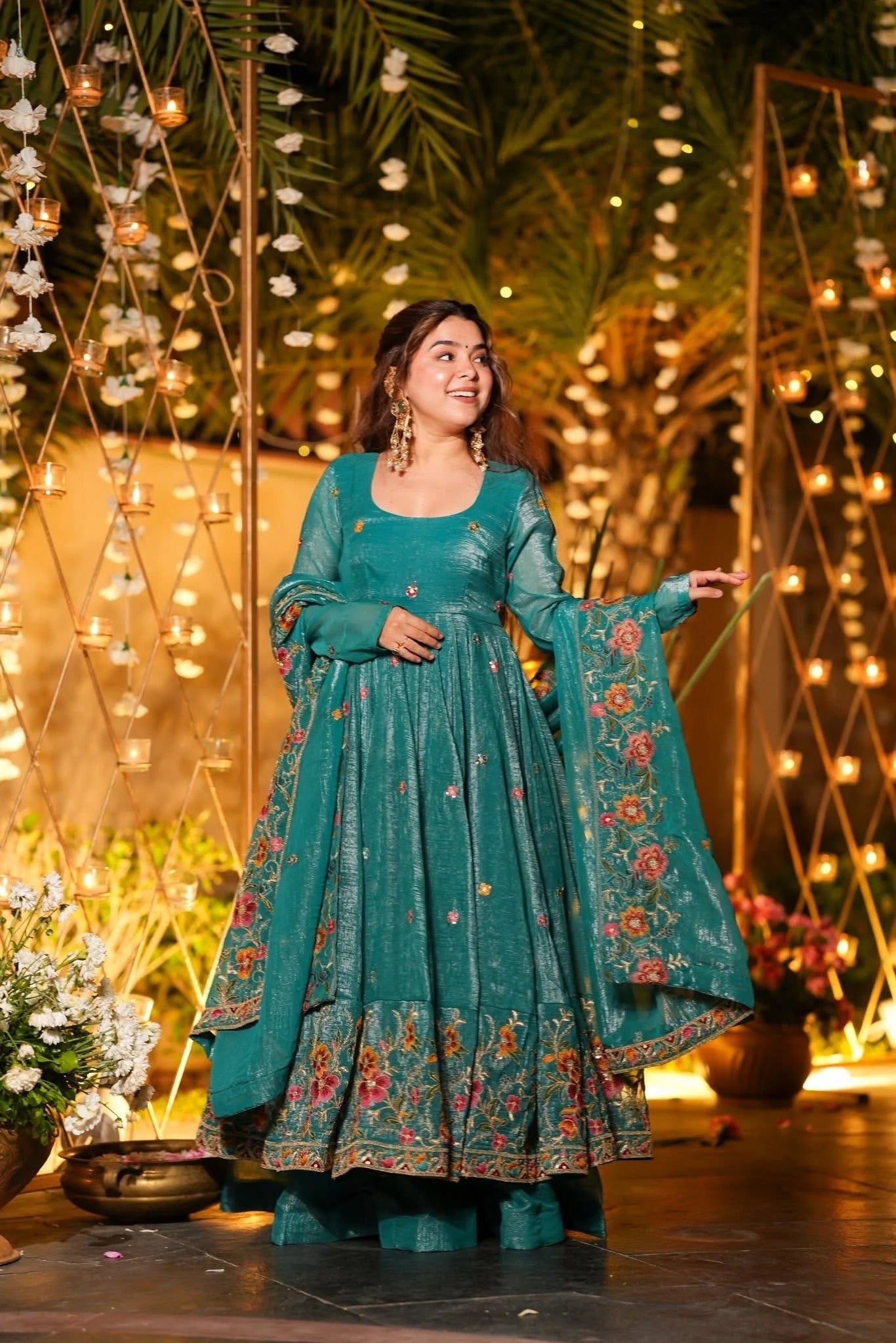 Elegant Embroidered Anarkali Suit Set – Rani Pink & Teal Green