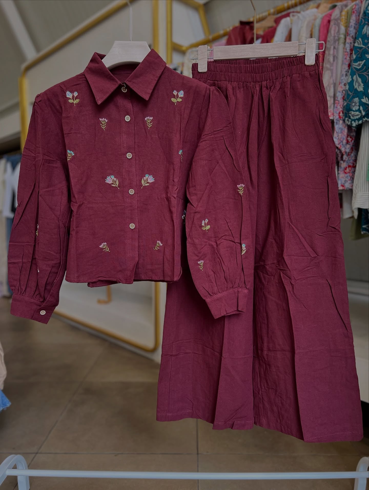 Trendy Floral Co-ord Set | Maroon & Cream Designer Outfit