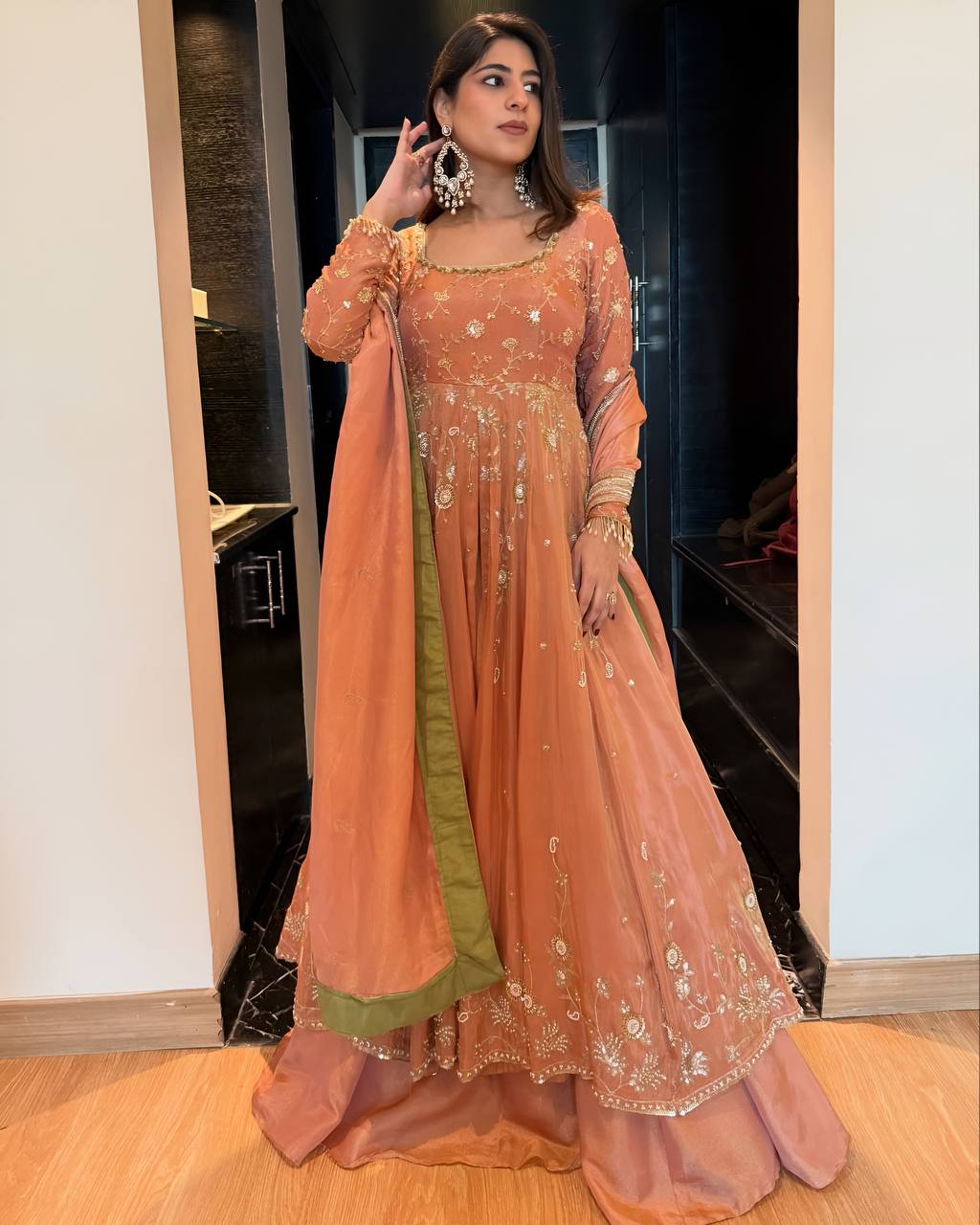 Royal Peach Flared Anarkali with Premium Embroidery