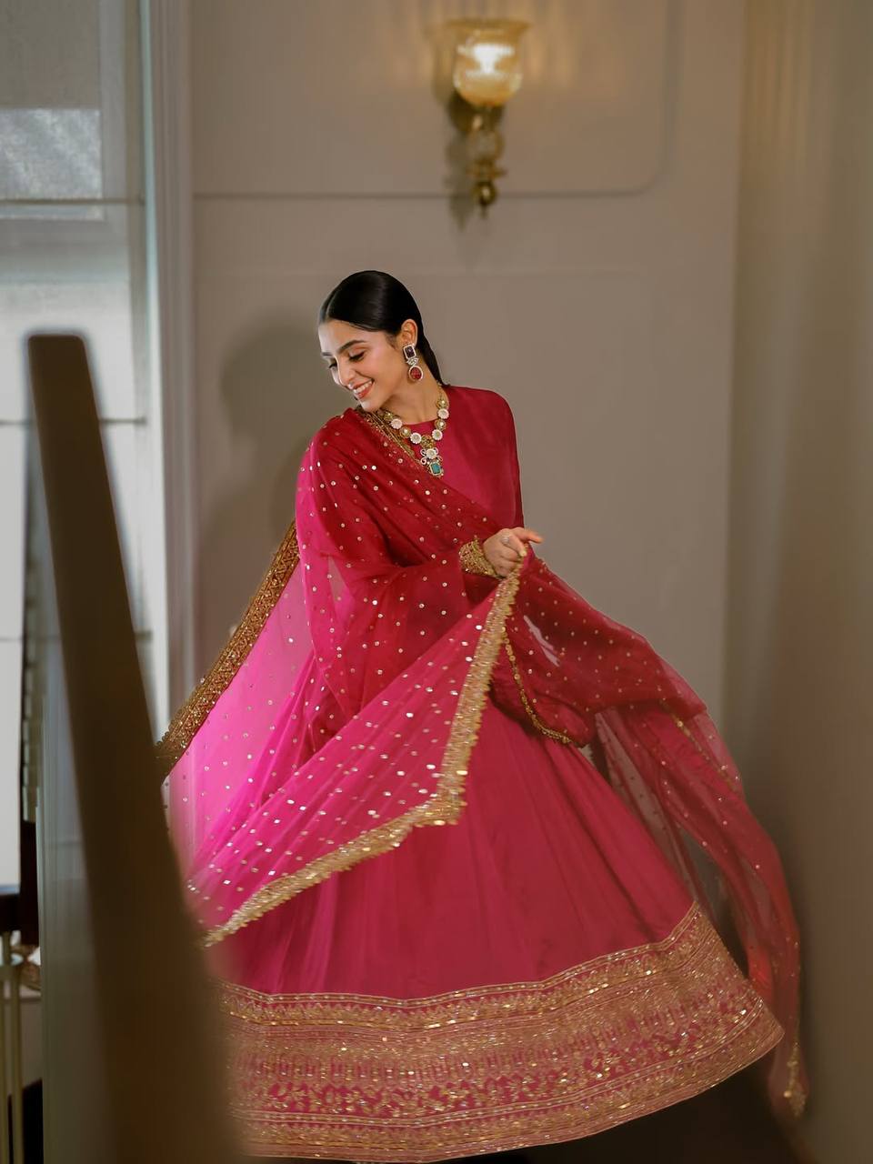Royal Rani Pink Silk Anarkali Suit with Gold Border