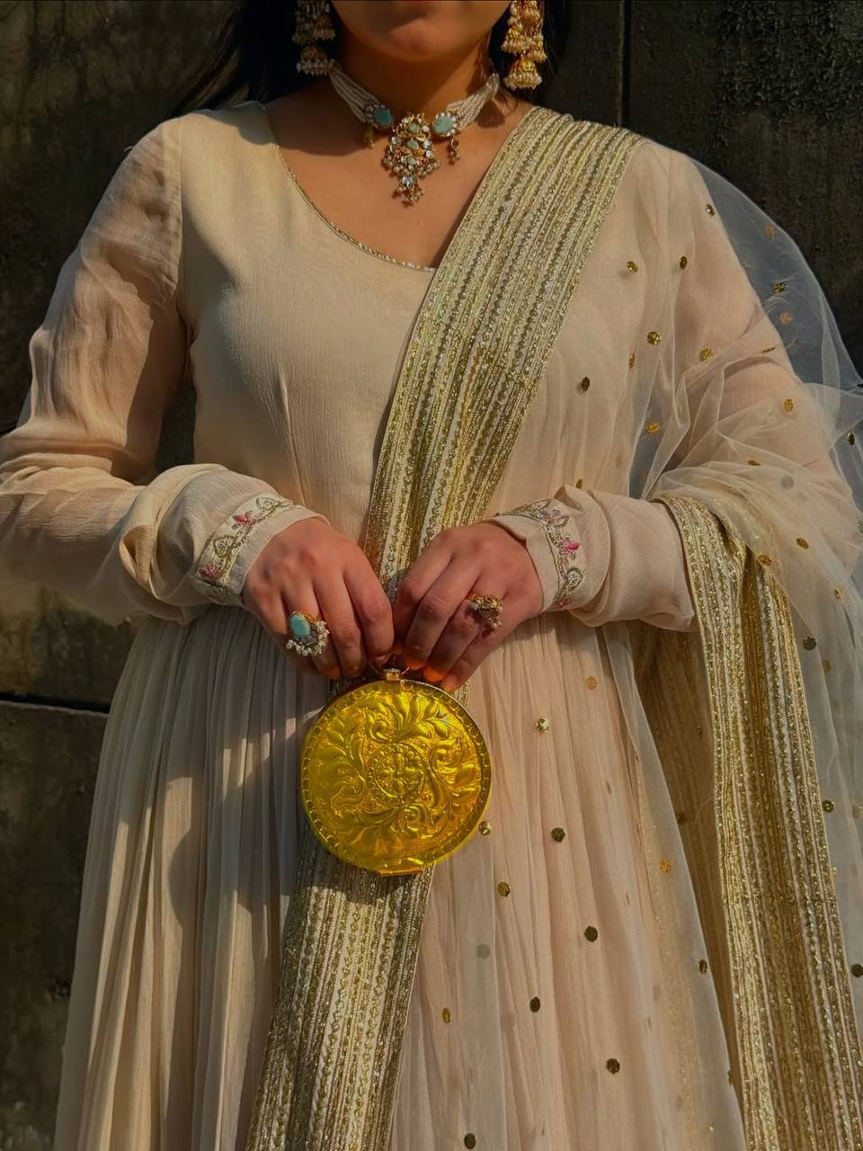 Elegant Ivory Anarkali with Golden Border & Sheer Dupatta