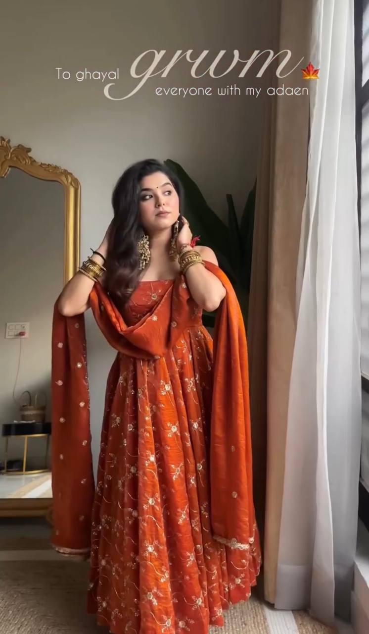 ORANGE PREMIUM READYMADE ANARKALI SUIT SET [3 PIECE]