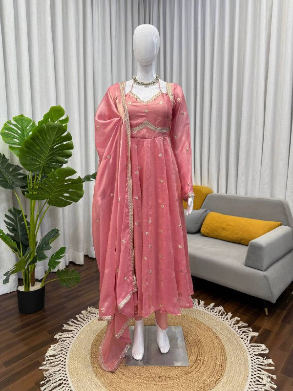 Luxurious Dusty Pink Anarkali Suit with Zari Work