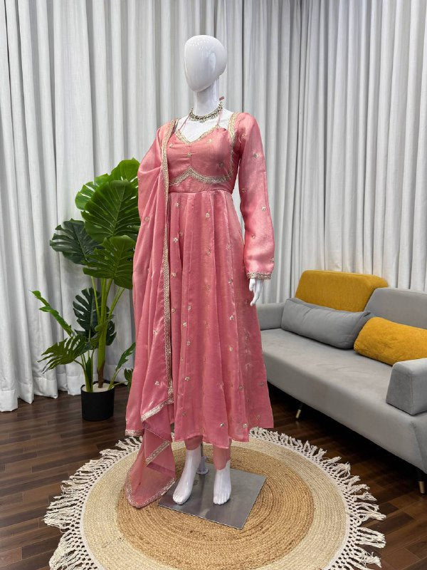 Luxurious Dusty Pink Anarkali Suit with Zari Work