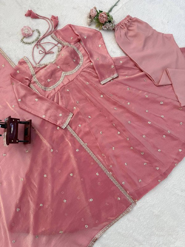 Luxurious Dusty Pink Anarkali Suit with Zari Work