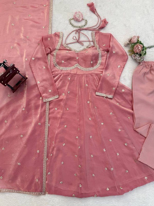 Luxurious Dusty Pink Anarkali Suit with Zari Work