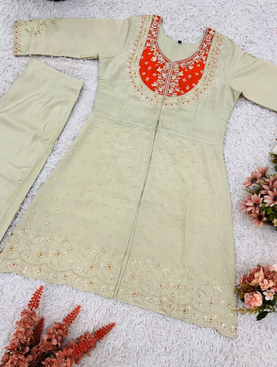 Elegant Off-White Embroidered Kurti with Purple Yoke & Sequin Detailing