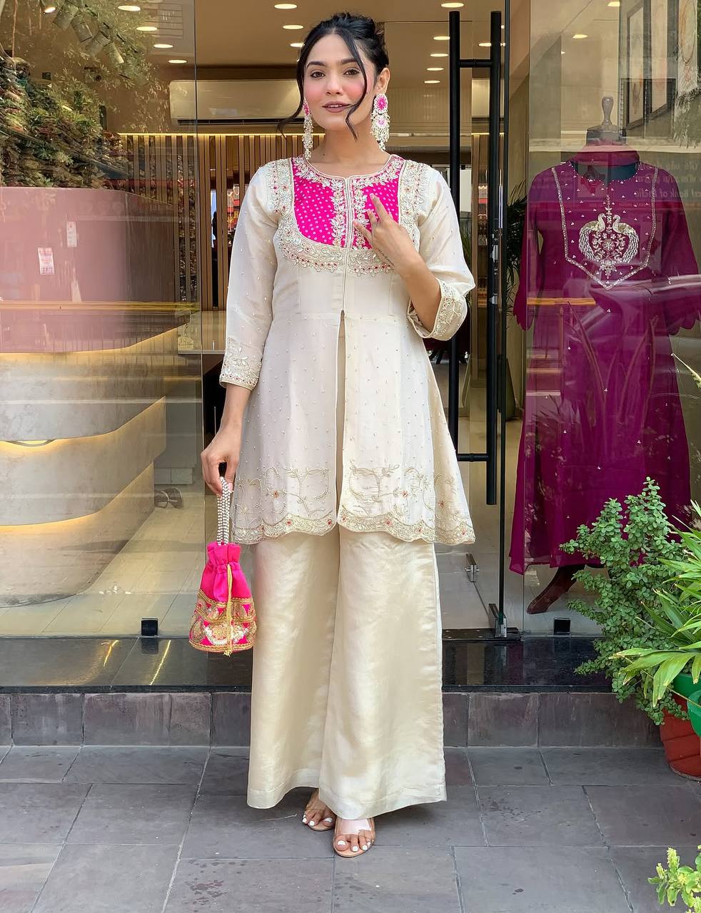 Elegant Off-White Embroidered Kurti with Purple Yoke & Sequin Detailing