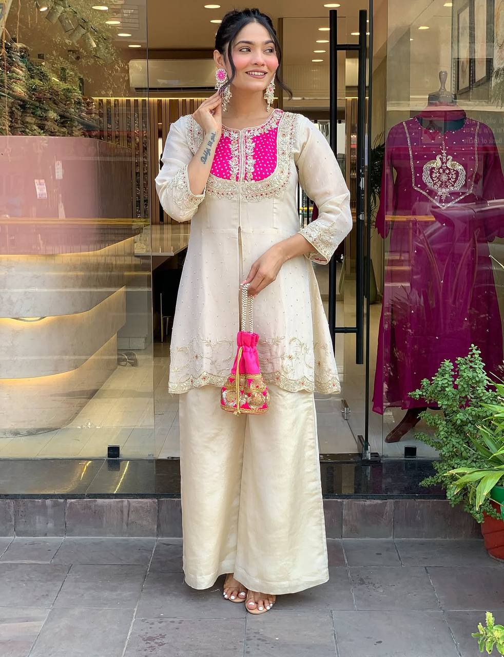 Elegant Off-White Embroidered Kurti with Purple Yoke & Sequin Detailing