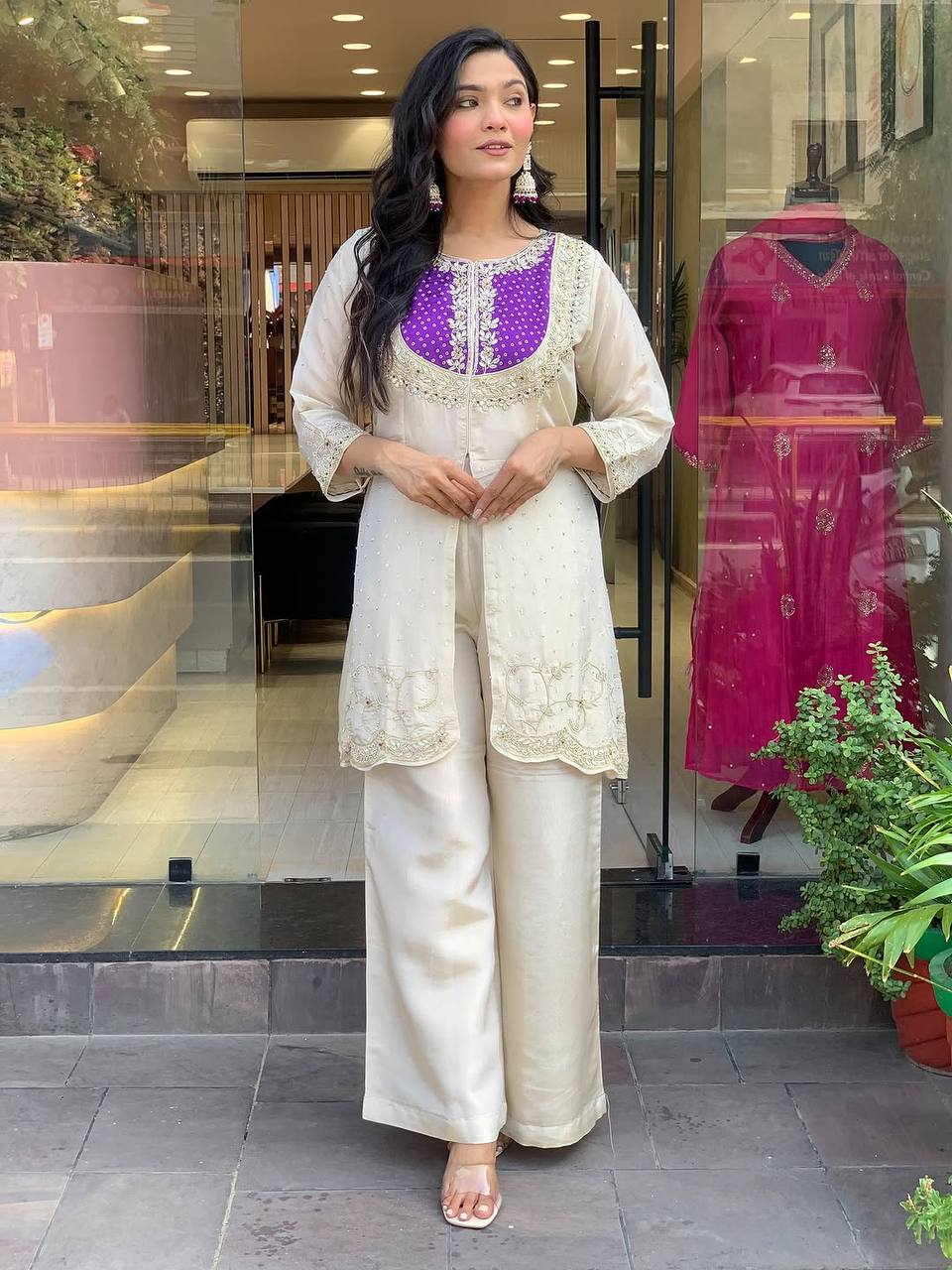 Elegant Off-White Embroidered Kurti with Purple Yoke & Sequin Detailing