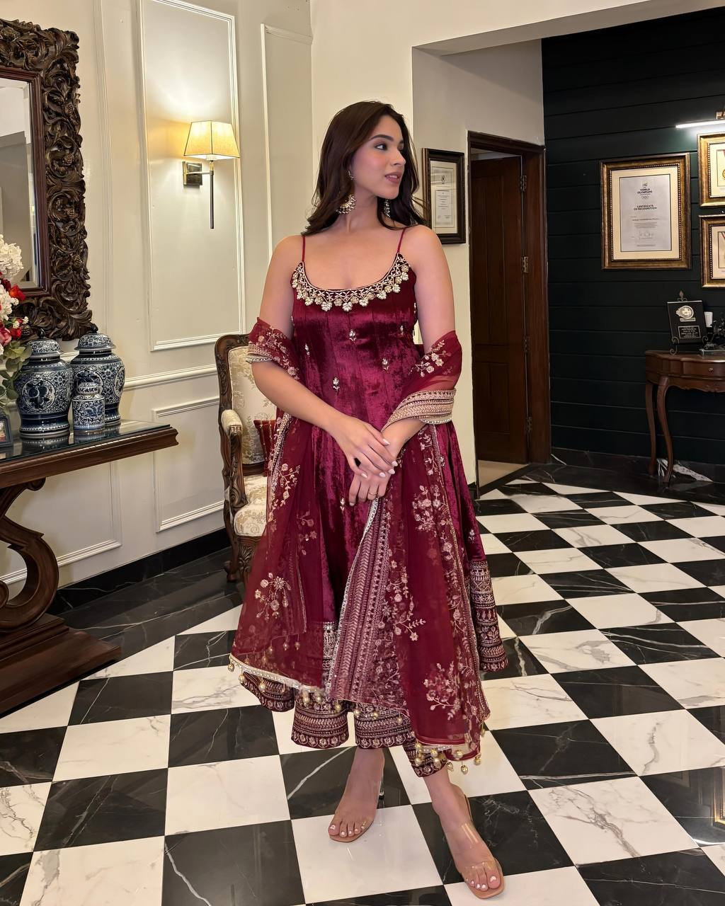 Women’s Designer Embroidered Anarkali Suit Set with Dupatta – Mustard, Navy Blue & Wine