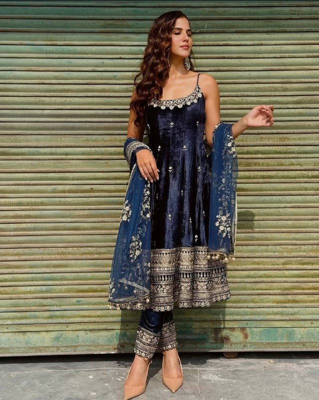 Women’s Designer Embroidered Anarkali Suit Set with Dupatta – Mustard, Navy Blue & Wine
