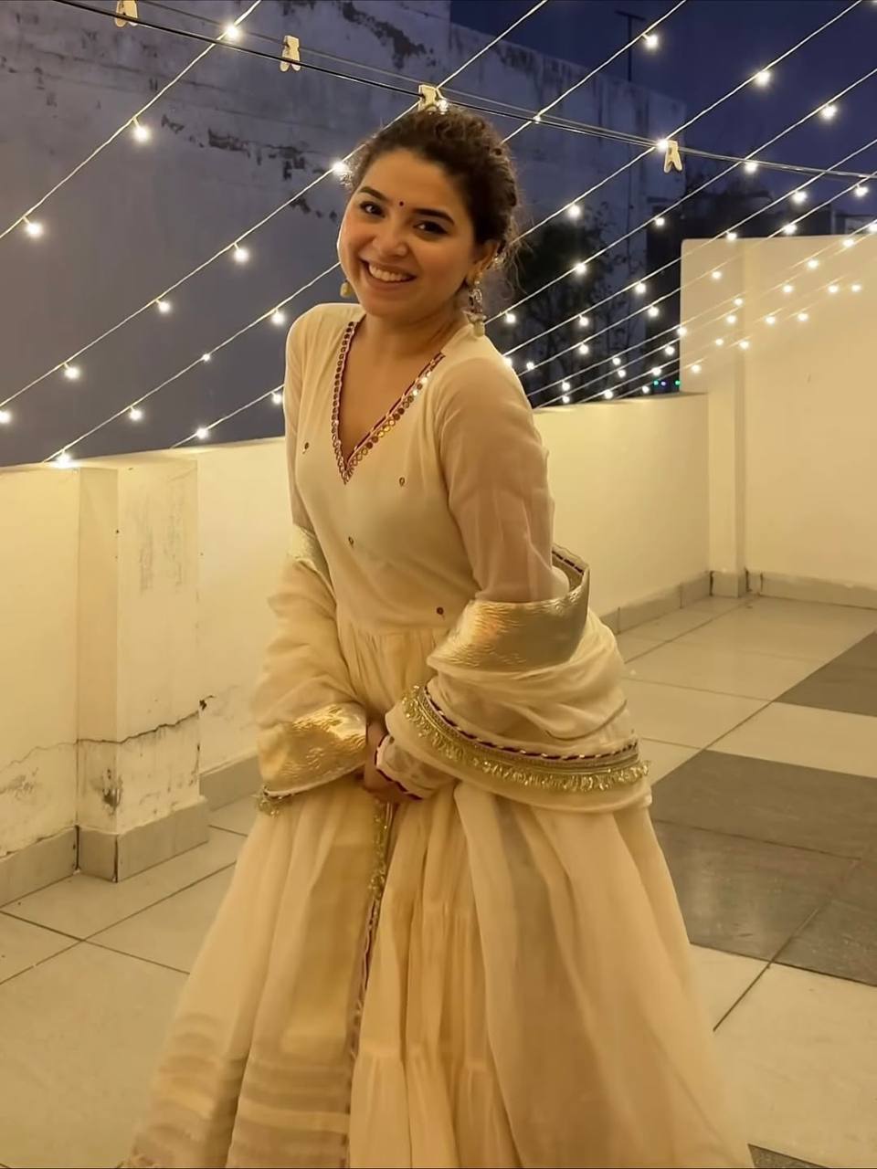 Premium Ivory Anarkali Dress with Golden Border Detailing