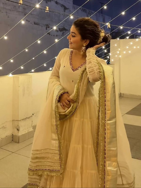 Premium Ivory Anarkali Dress with Golden Border Detailing