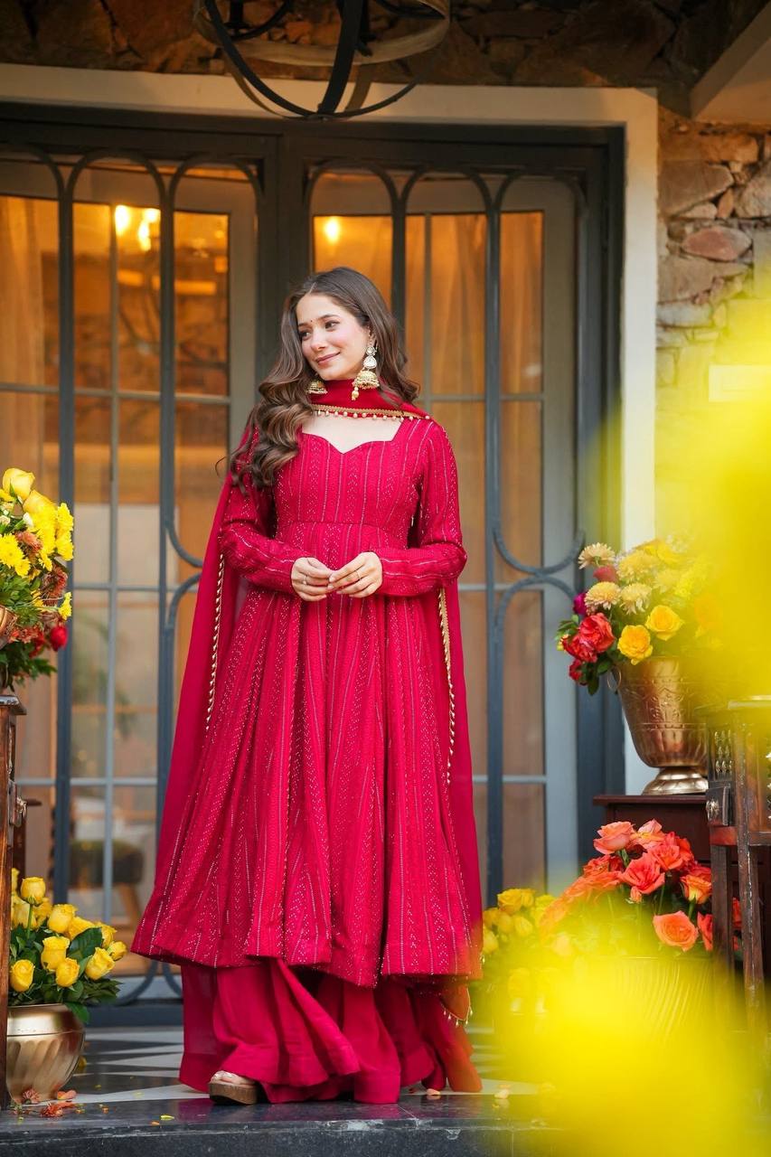Deep Red Embroidered Anarkali Set with Palazzo and Dupatta
