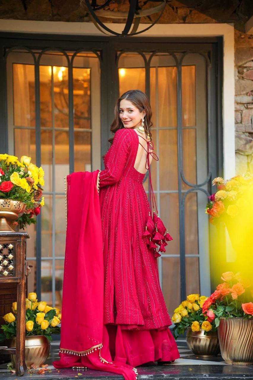 Deep Red Embroidered Anarkali Set with Palazzo and Dupatta